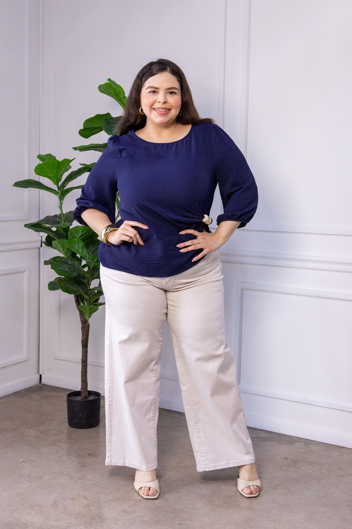 Blusa Curvy Lisa Cuello Redondo Manga 3/4 Navy