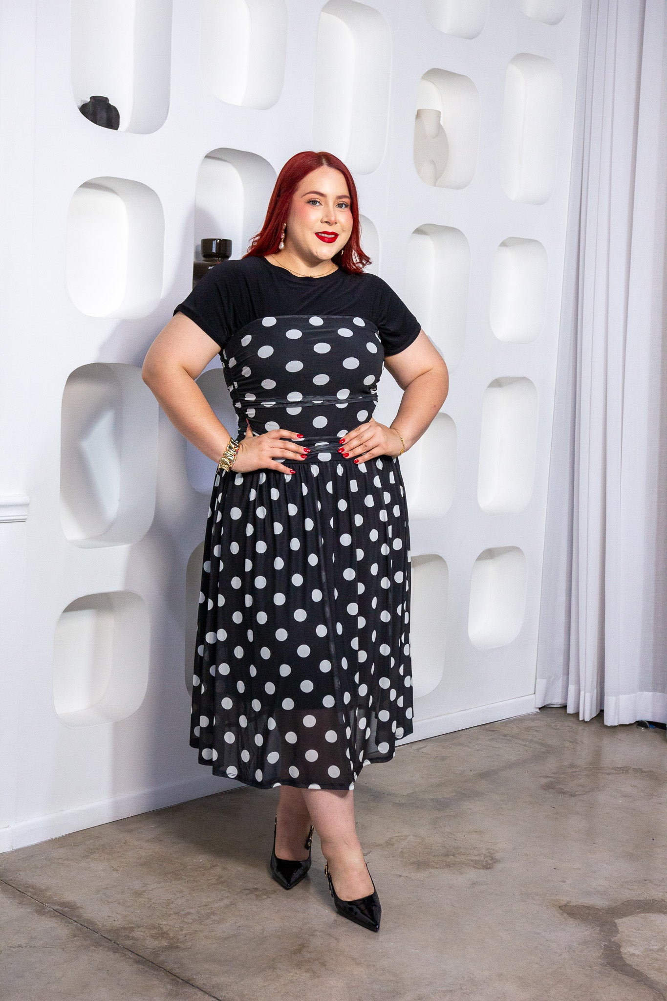 Vestido Strapless Curvy Polka Mesh Midi Negro