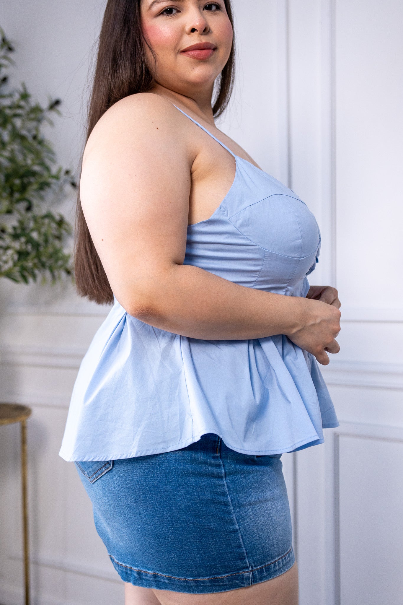 Blusa Curvy Tirantes Peplum Botones Azul Cielo
