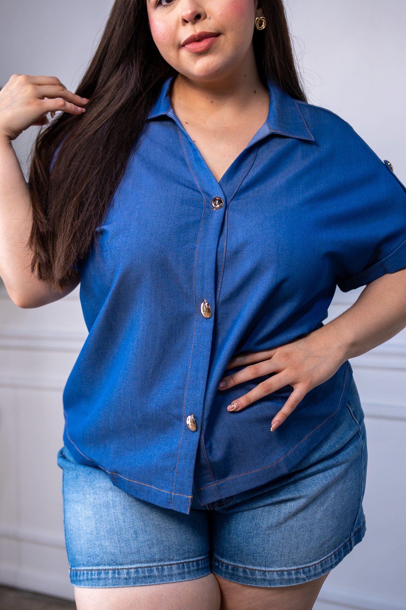 Set Curvy Camisa y Pantalon Wide Leg Chambray Azul Cobalto