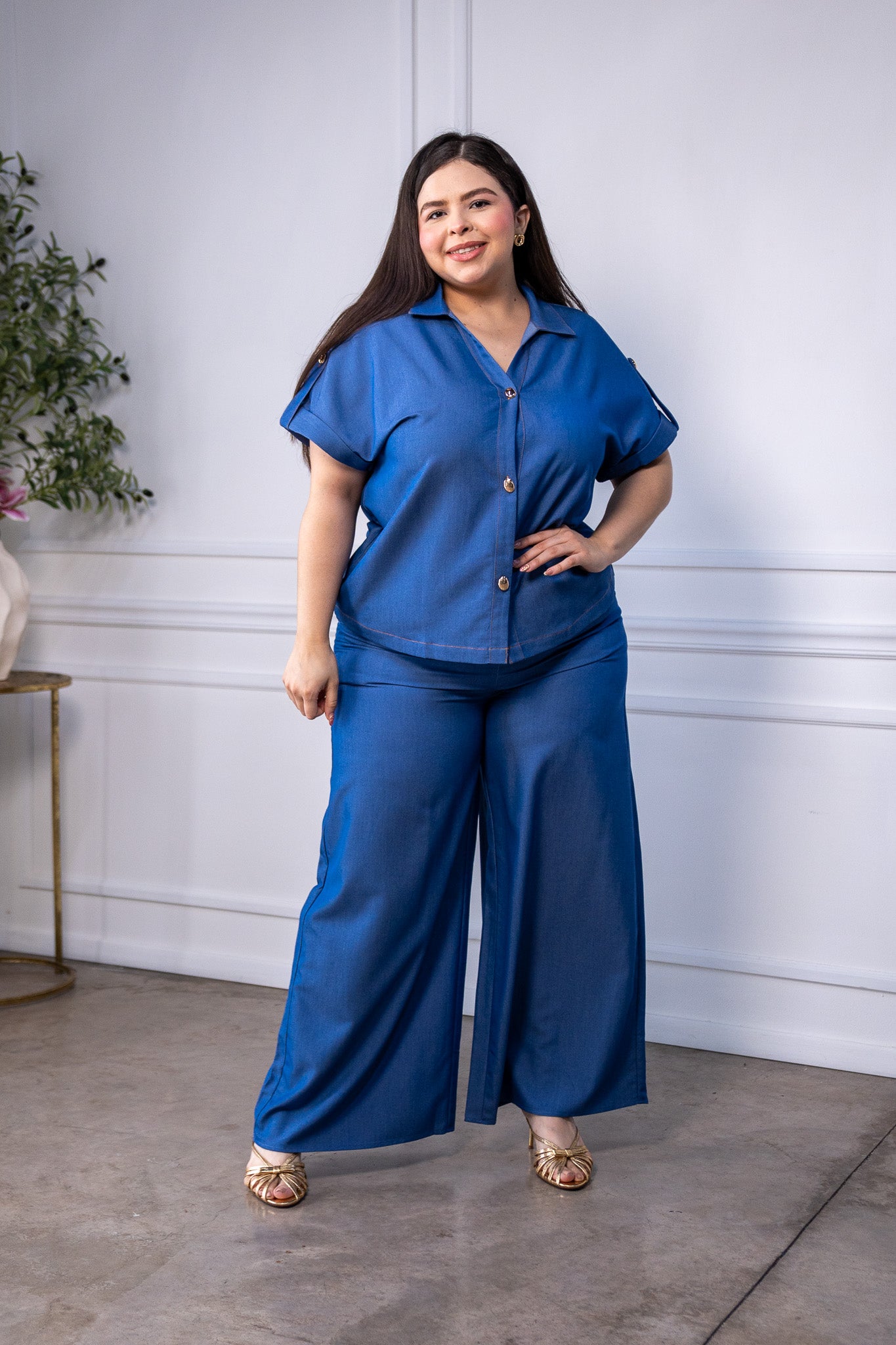Set Curvy Camisa y Pantalon Wide Leg Chambray Azul Cobalto