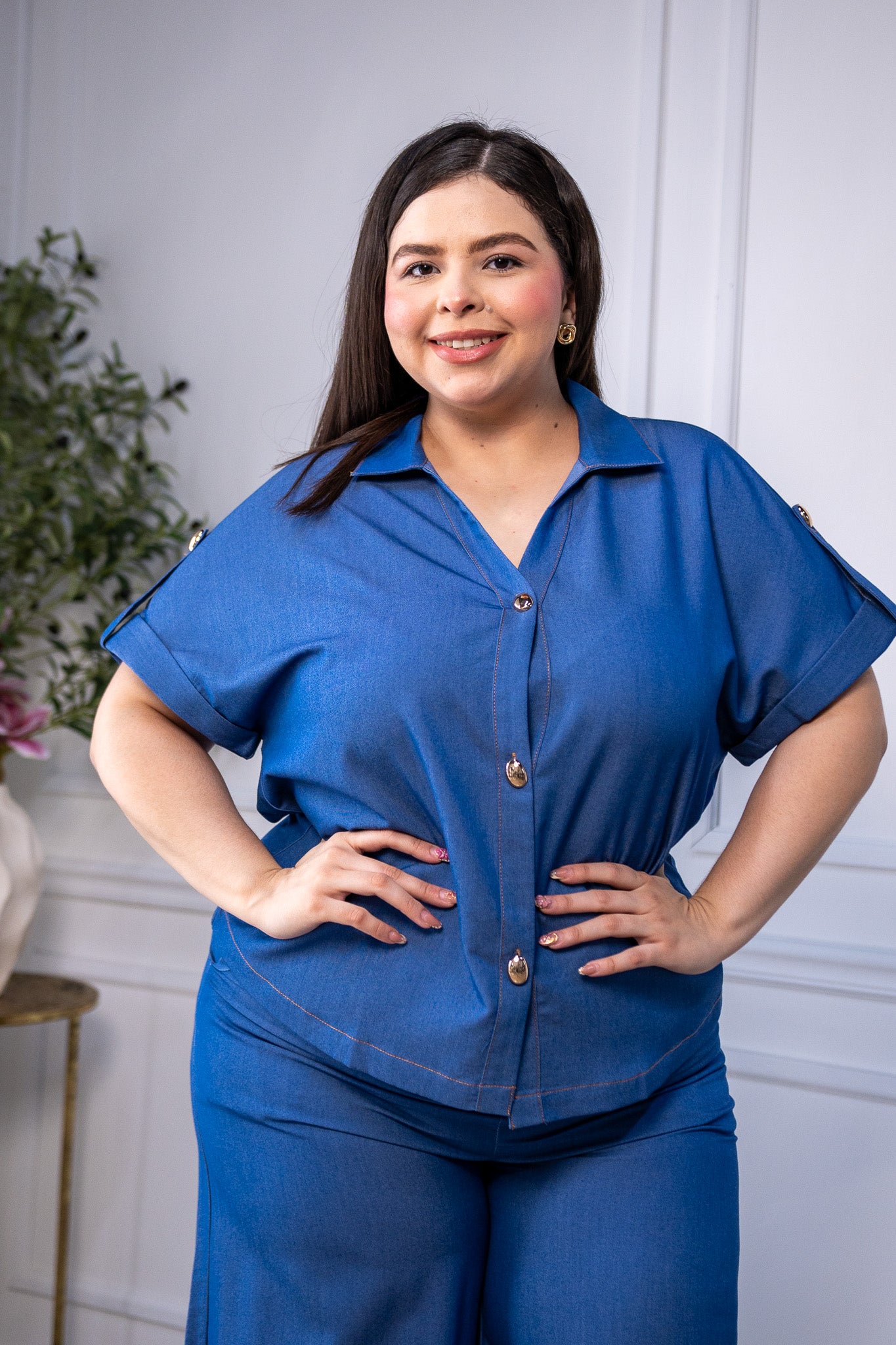 Set Curvy Camisa y Pantalon Wide Leg Chambray Azul Cobalto