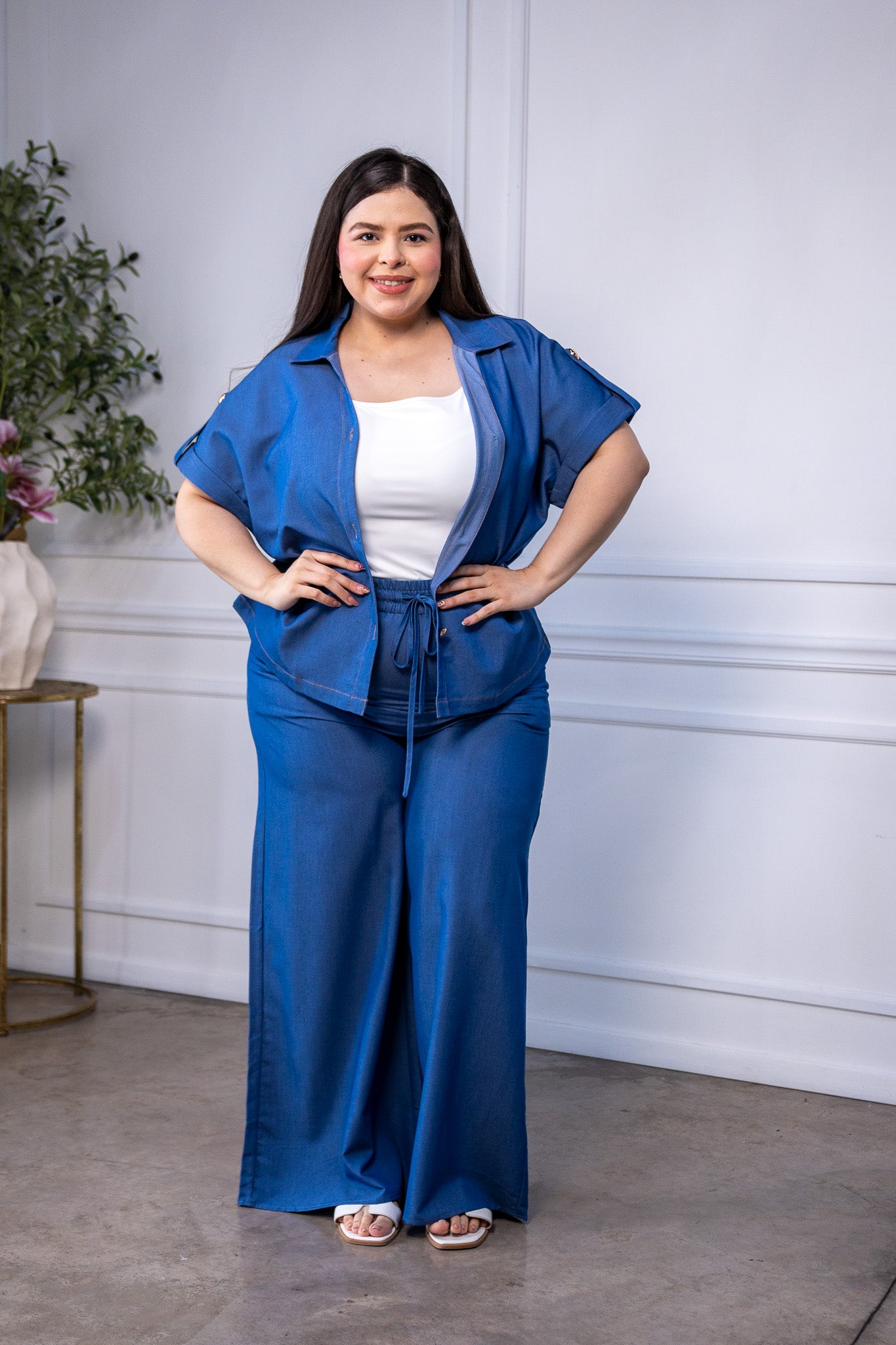 Set Curvy Camisa y Pantalon Wide Leg Chambray Azul Cobalto