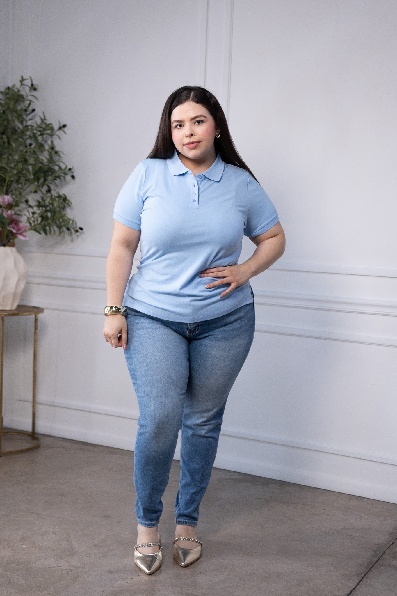Blusa Polo Curvy Algodón Azul Cielo Básica