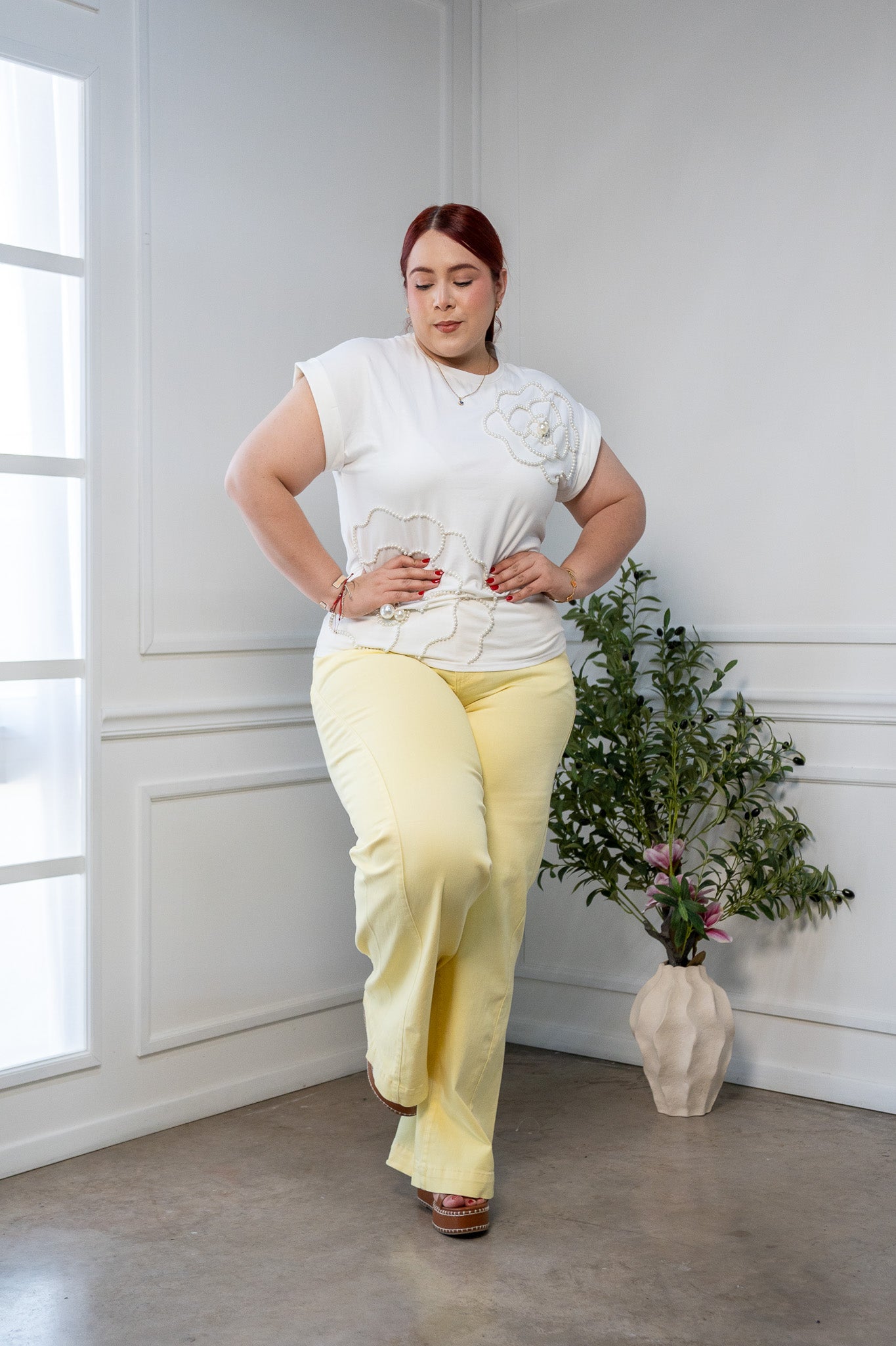 Jeans Recto Curvy Liso Amarillo Pastel