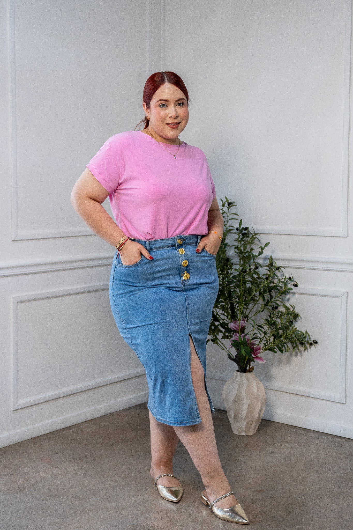 Blusa Curvy Licra Cuello Redondo Manga Corta Rosa