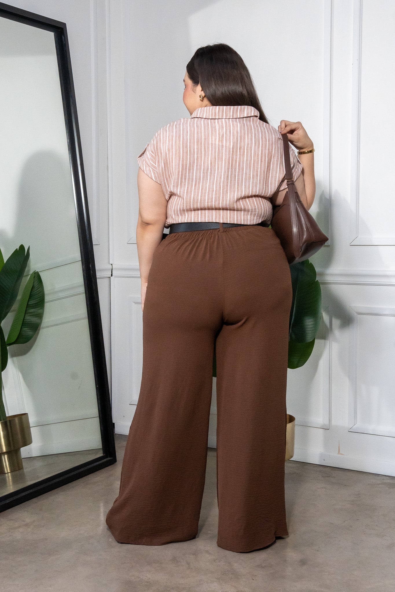 Camisa de Rayas Café Plus Size para Mujer