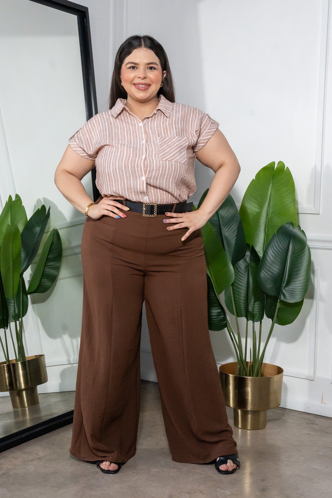 Camisa de Rayas Café Plus Size para Mujer