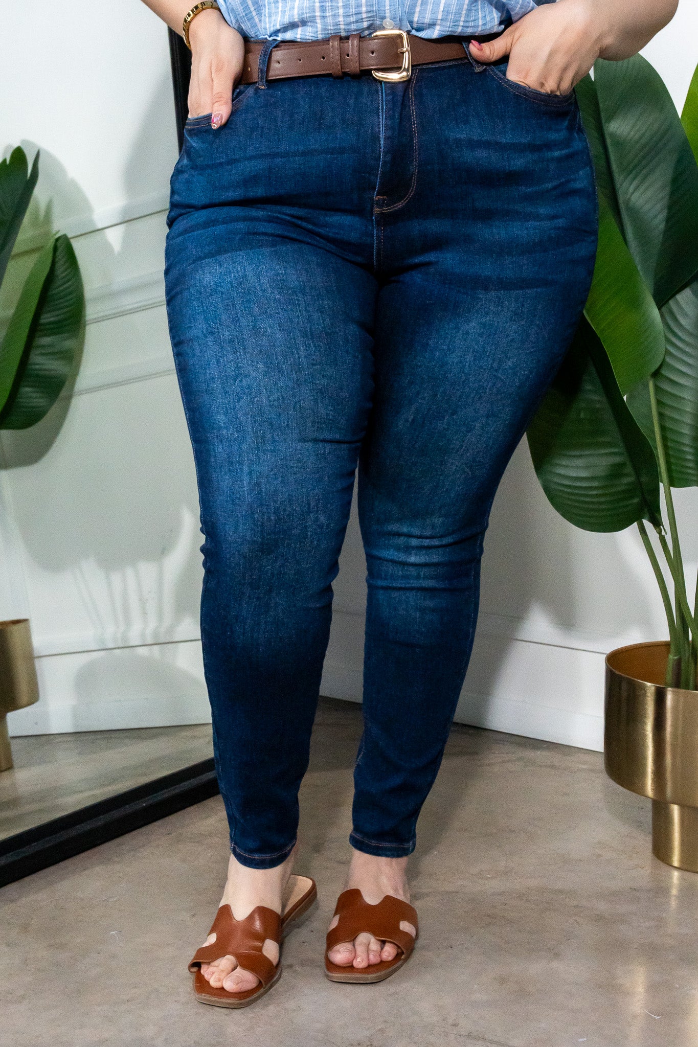 Jeans Skinny Curvy Cintura Alta Stretch Liso Azul Denim Oscuro