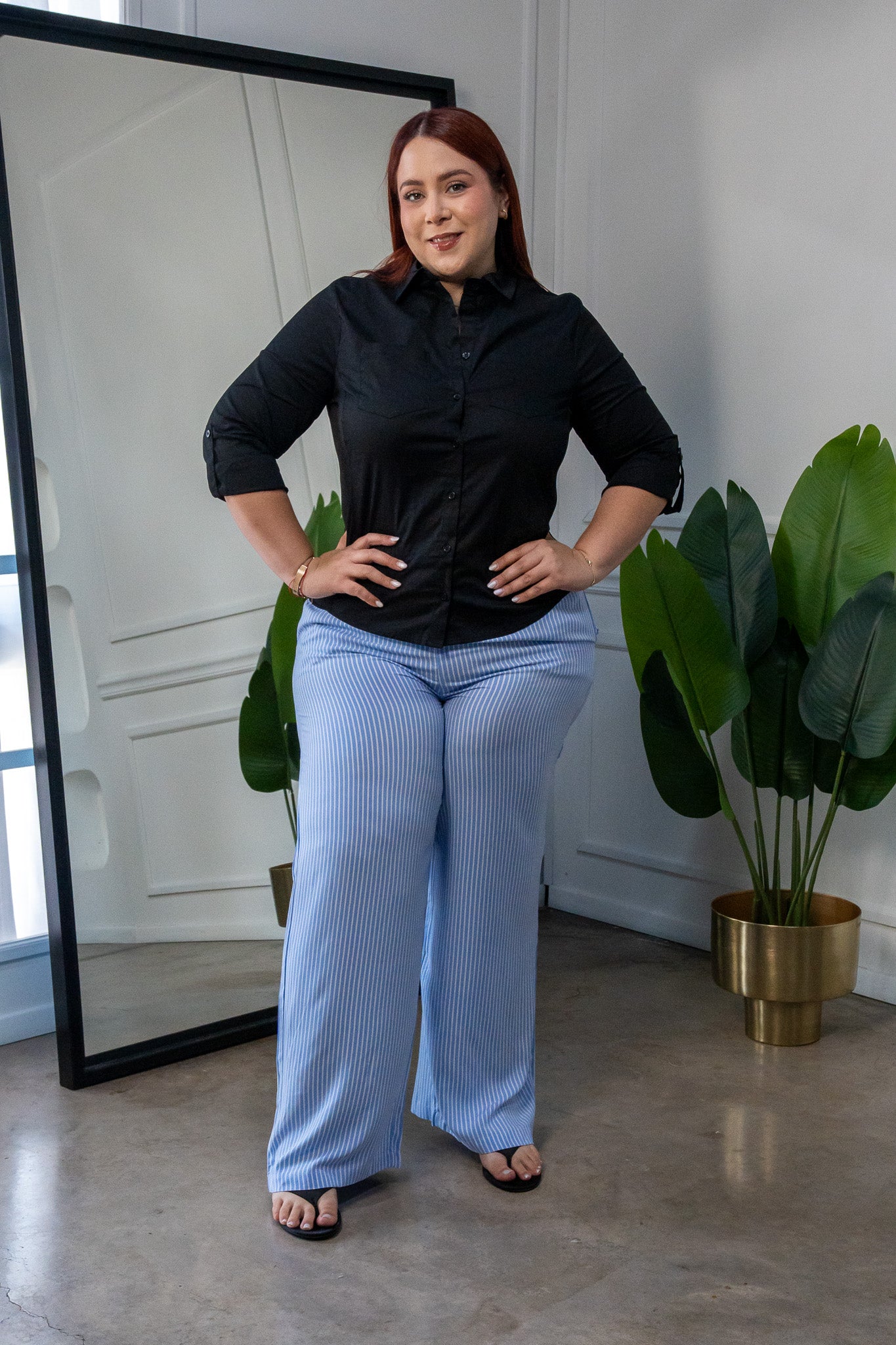 Pantalón Casual Curvy Azul de Rayas con Elástico en Cintura