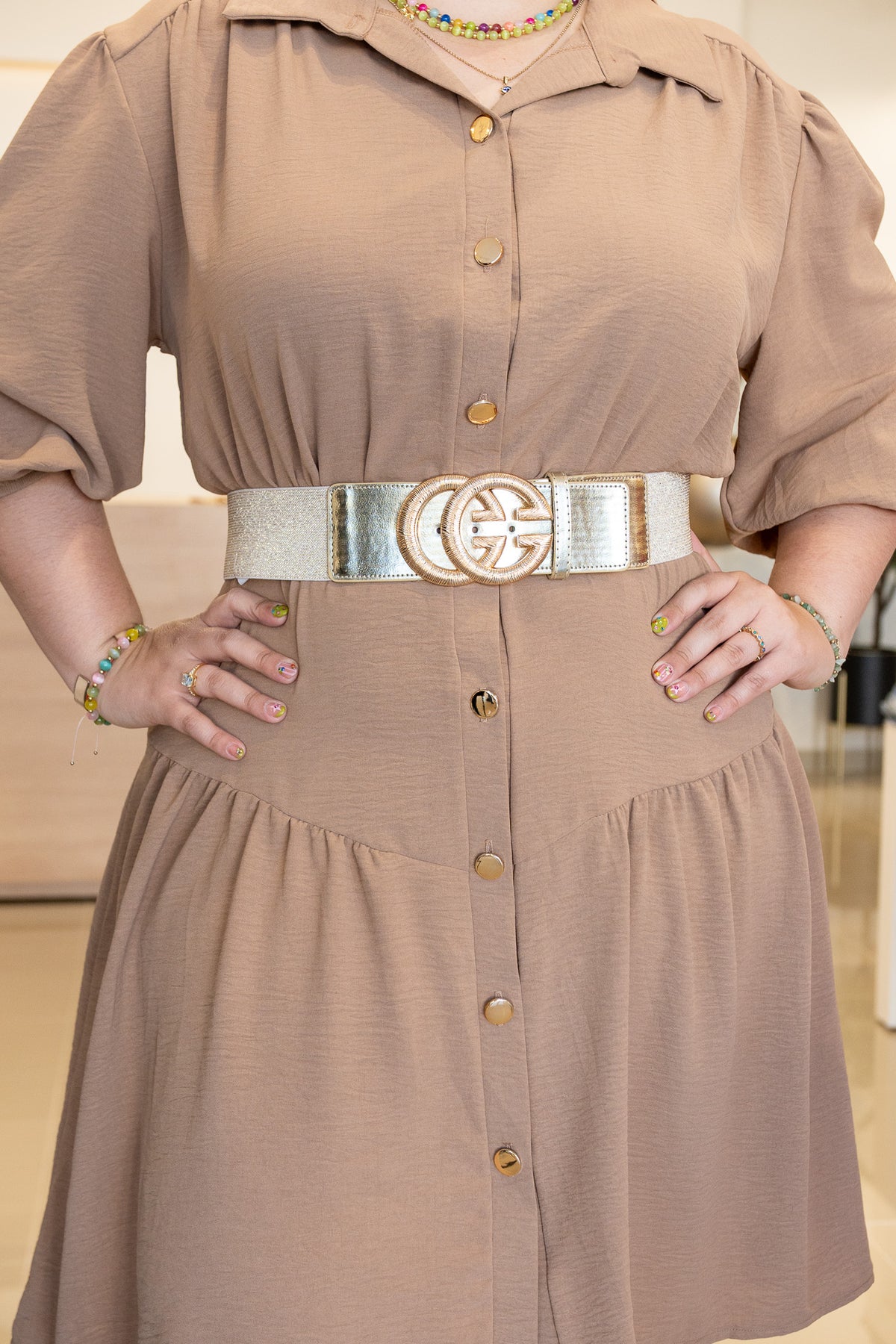 Vestido Midi Curvy Camisero Manga Corta Beige