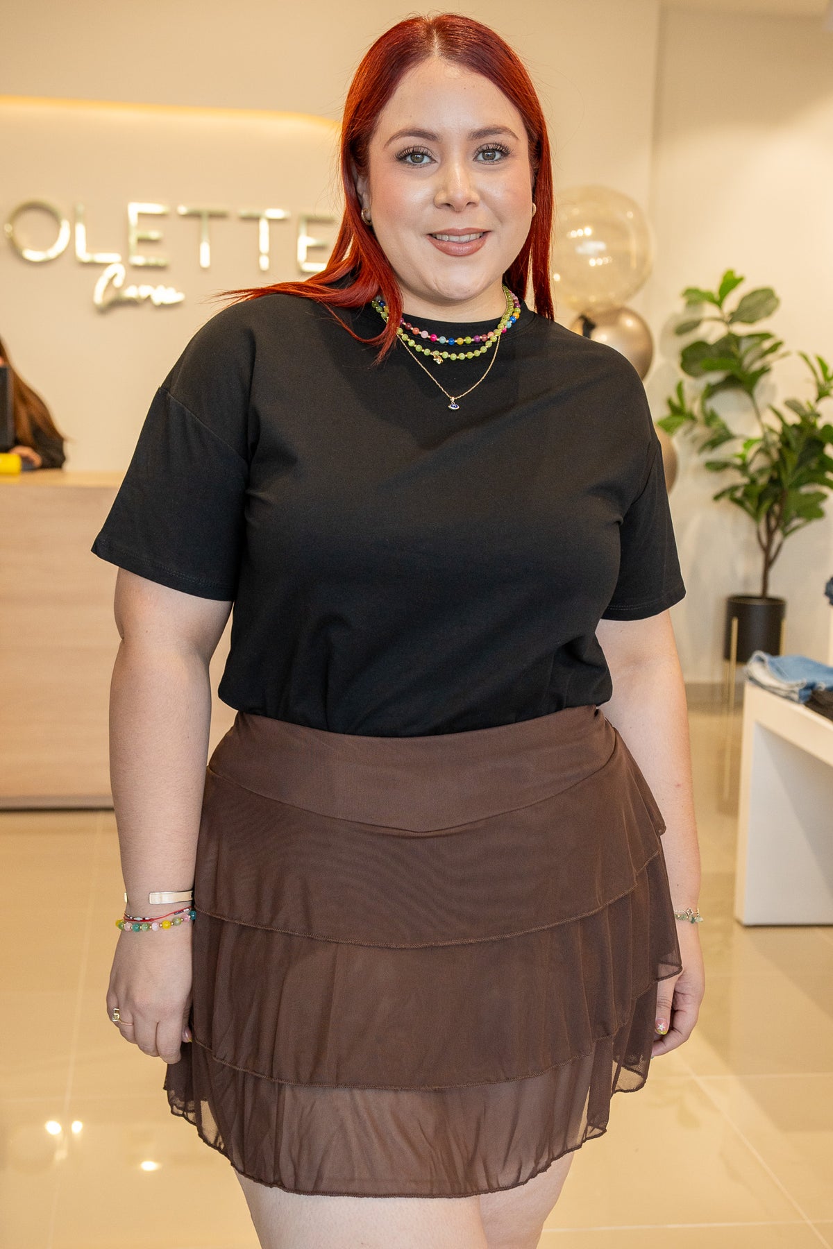 Falda Corta Holanes Mesh Curvy Café