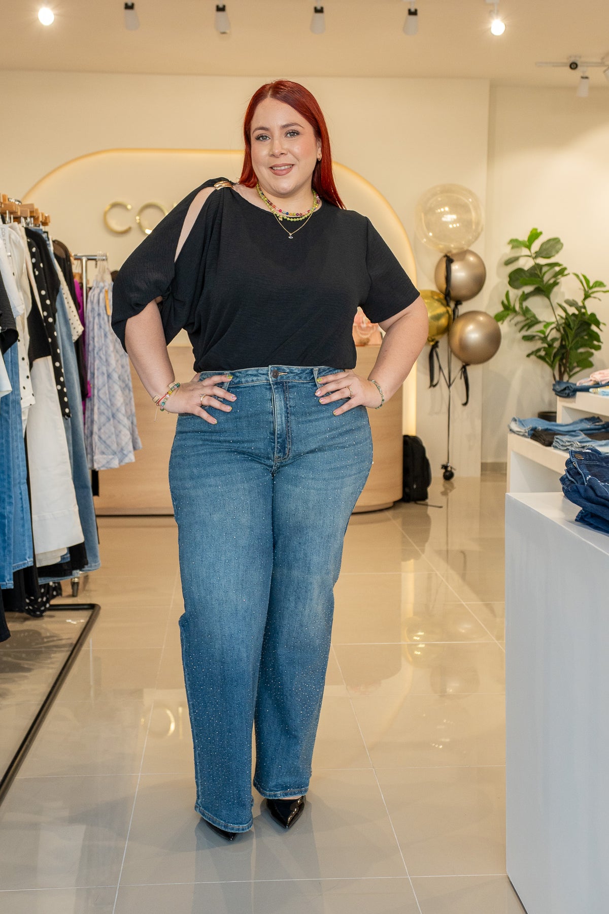Jeans Recto Brillos Curvy Oscuro