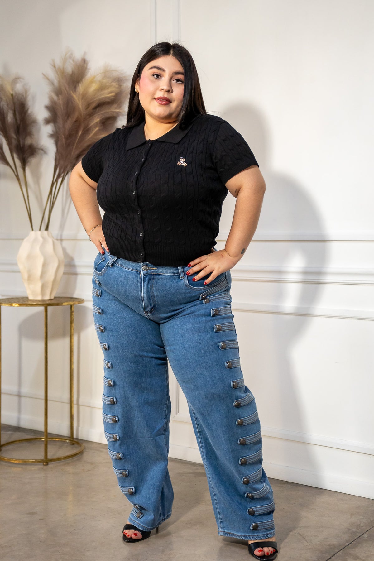 Jeans Curvy Botones Laterales Barrel Azul Claro