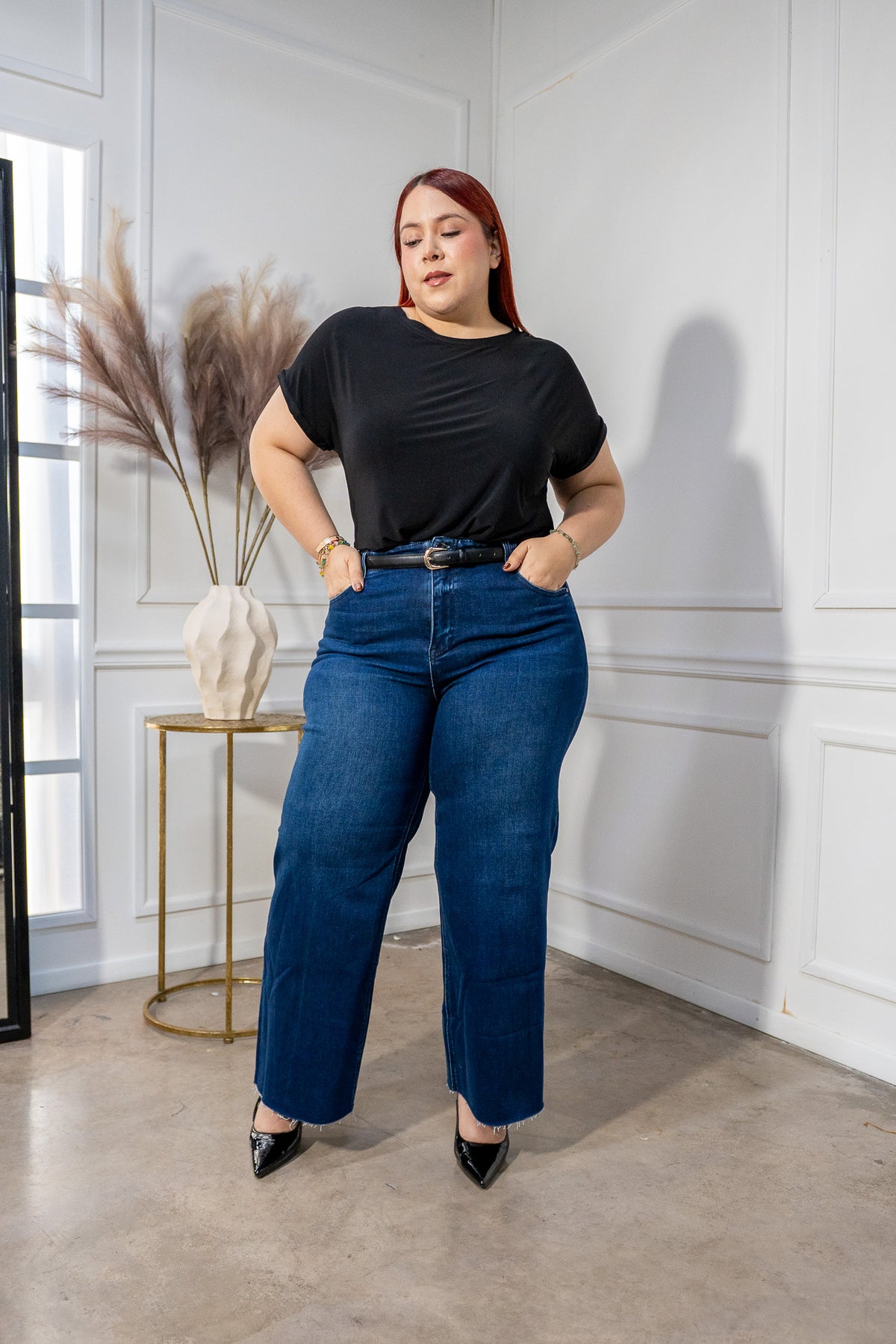Jeans Wide Leg Crop Liso Curvy Oscuro Algodón