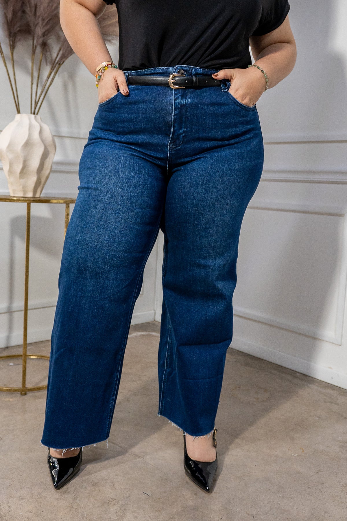 Jeans Wide Leg Crop Liso Curvy Oscuro Algodón