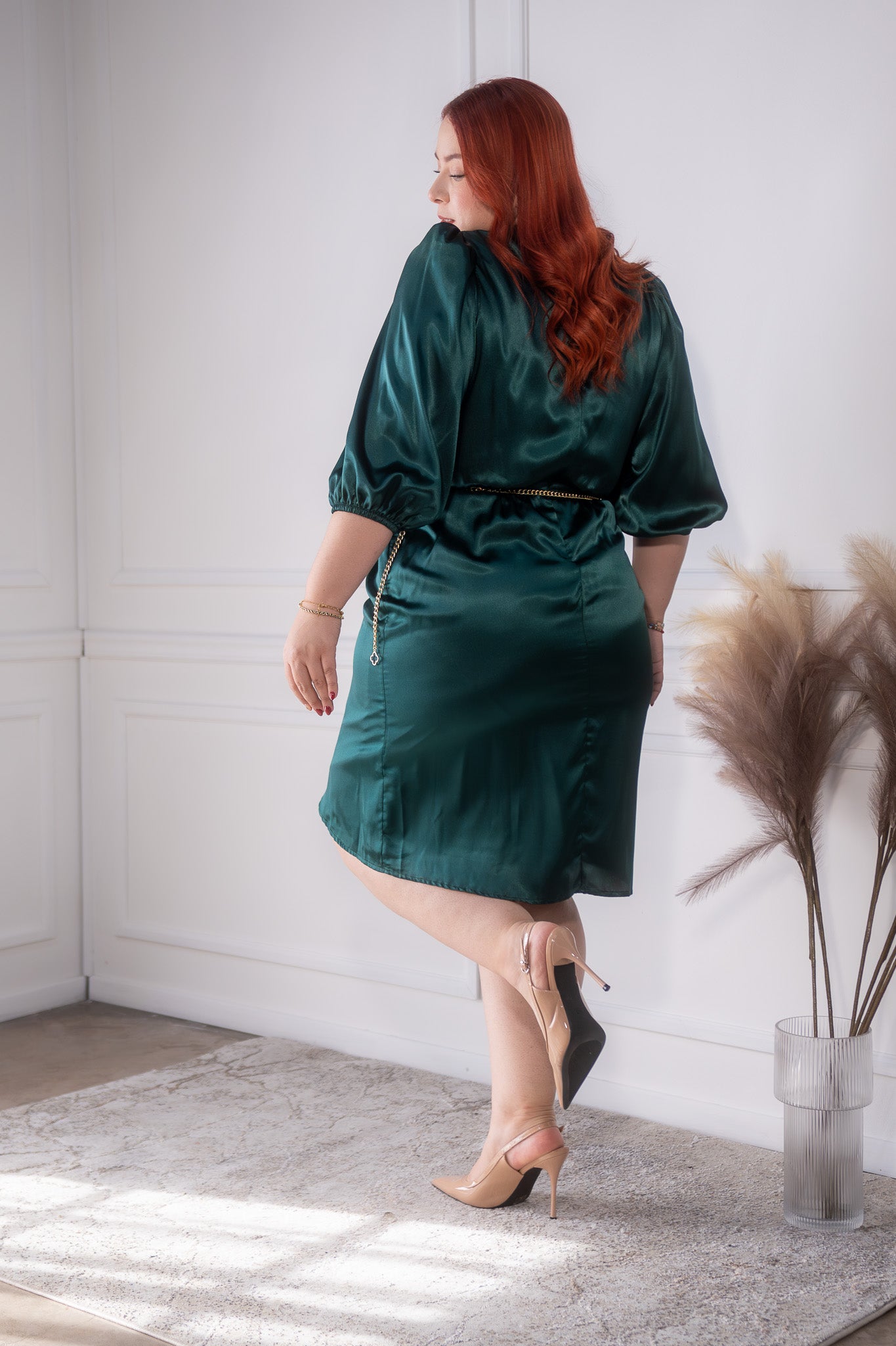 Vestido satin liso cruzado verde