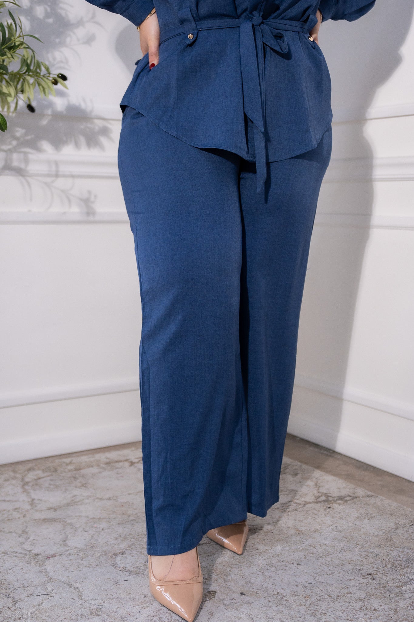 set pantalon camisa con lazo liso azul