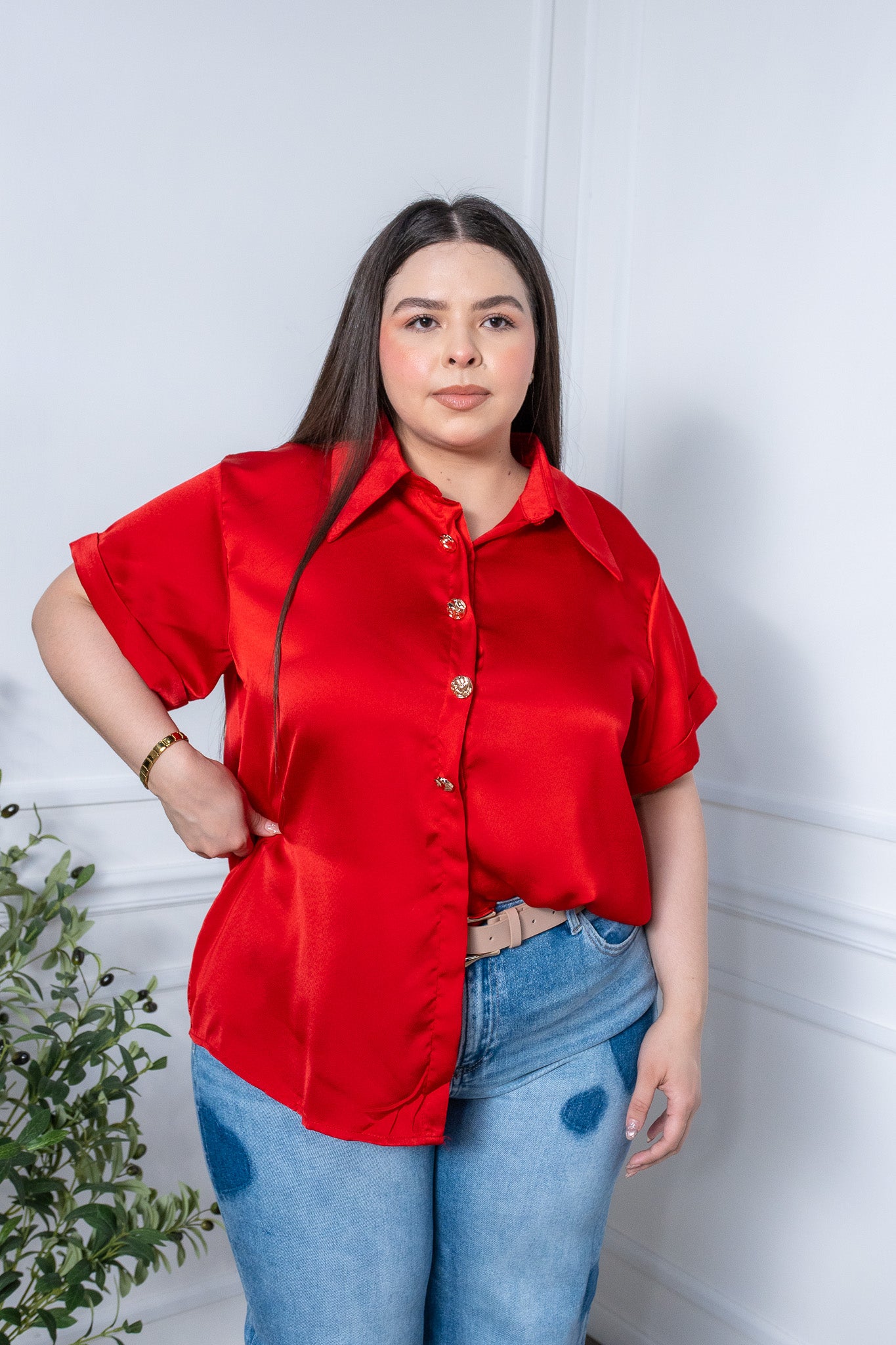 Camisa satin m/corta lisa roja