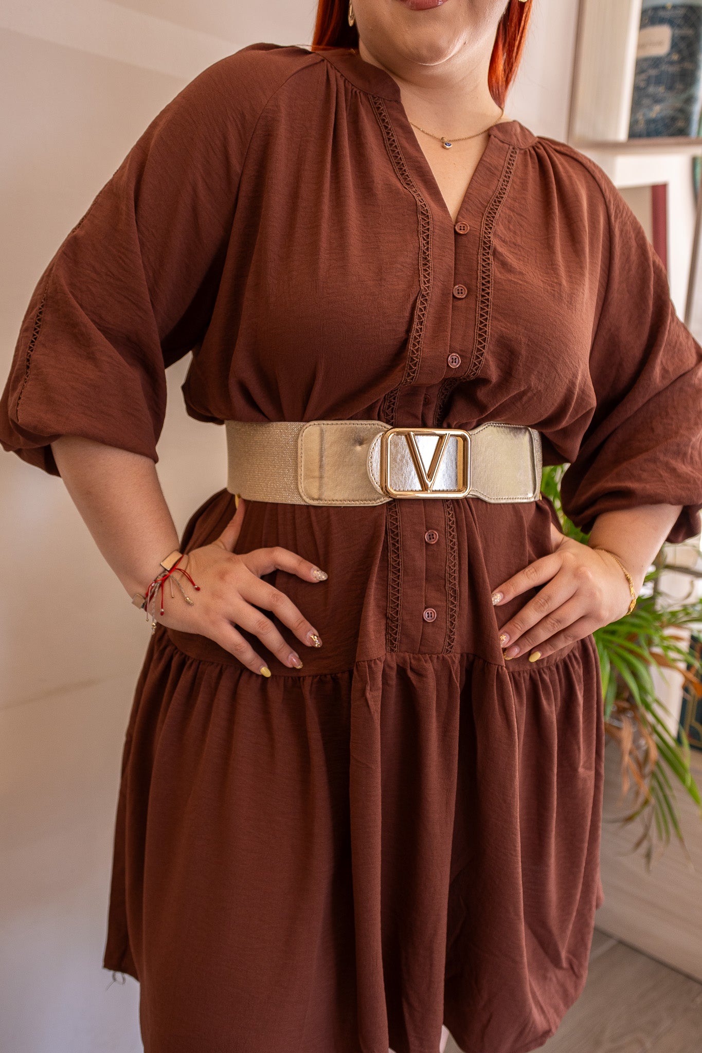 Vestido Curvy Corto Manga Globo Babydoll Color Chocolate