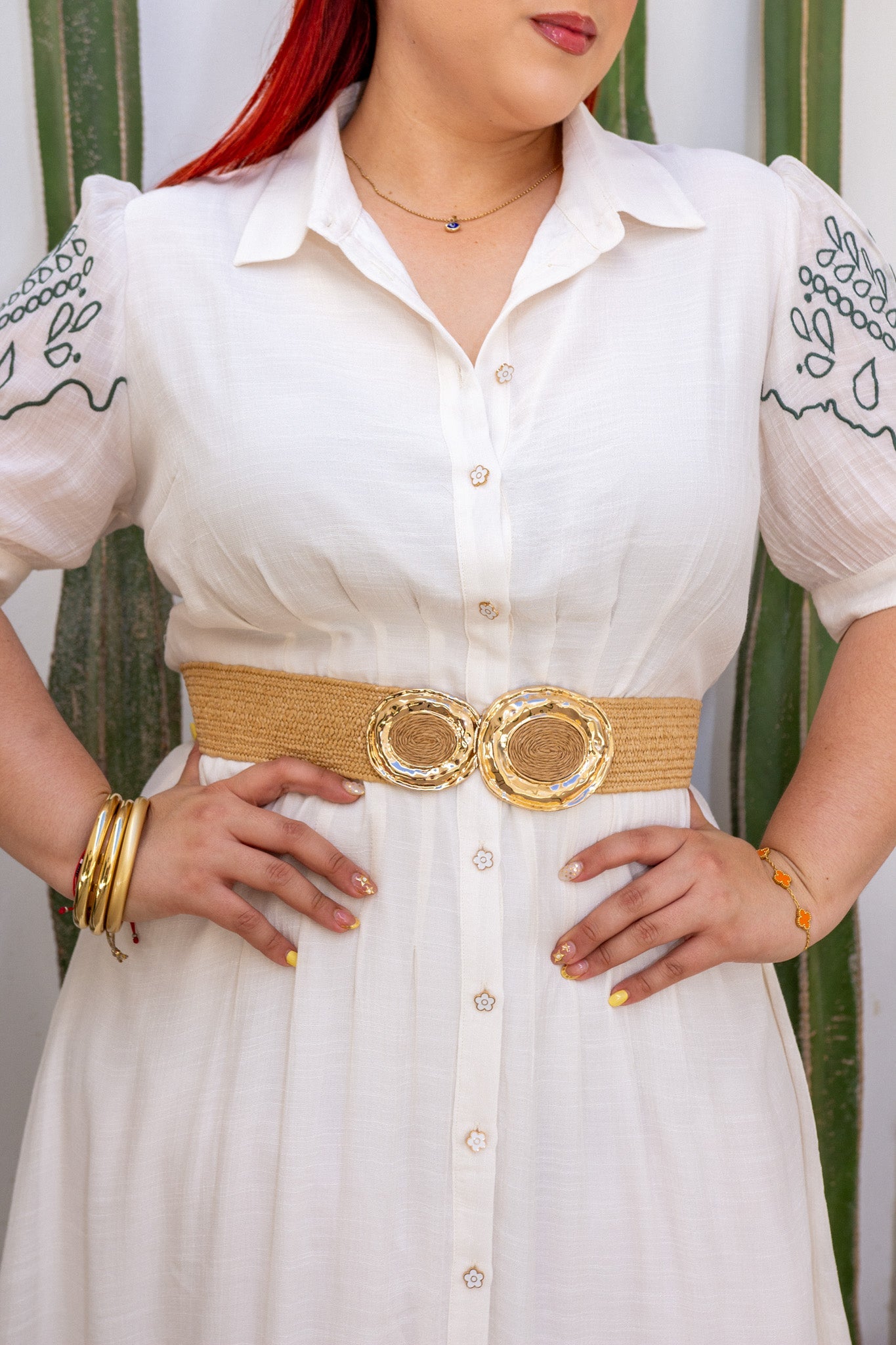Vestido Maxi Camisero Curvy Bordado Calado Manga Globo Ivory