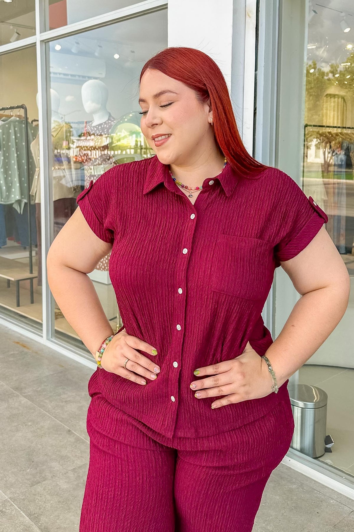 Set Curvy Camisa Pantalón Wide Textura Tinto