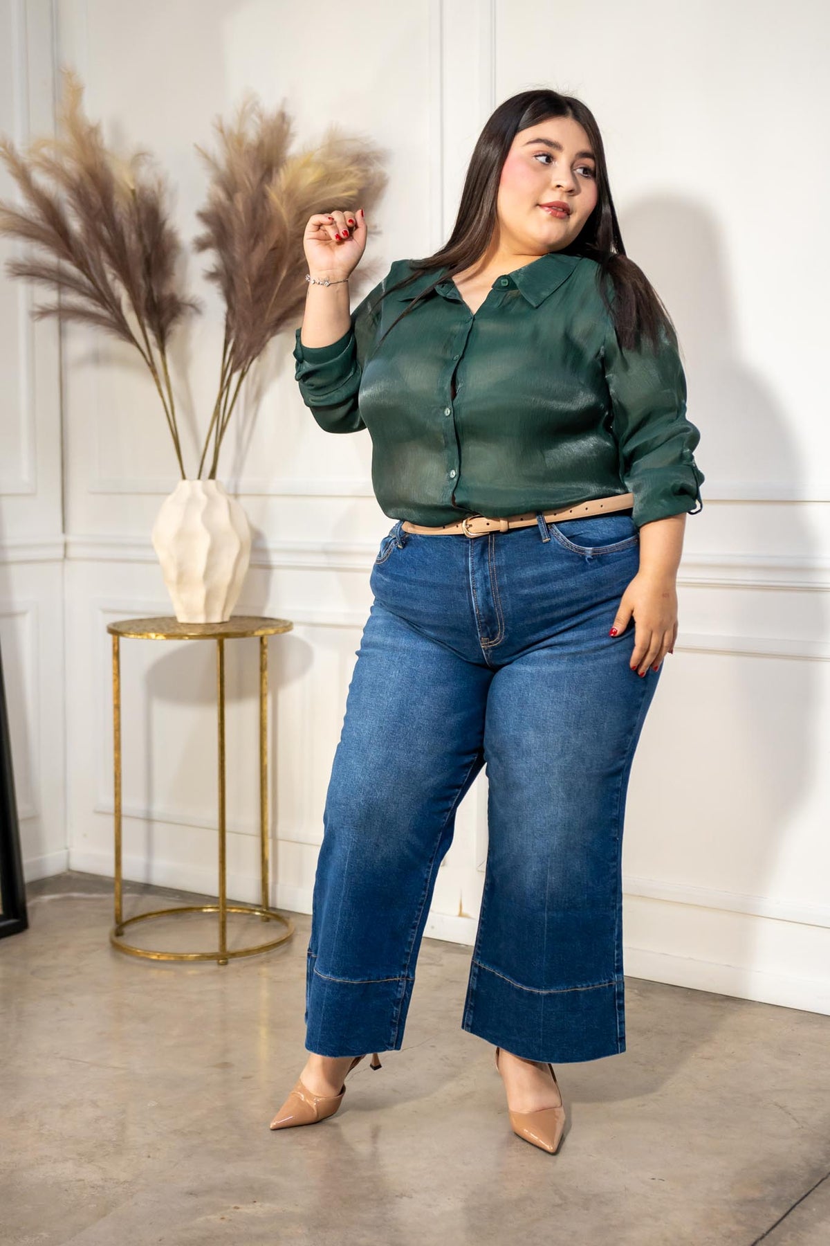 Camisa Curvy Satinada Manga Larga Verde