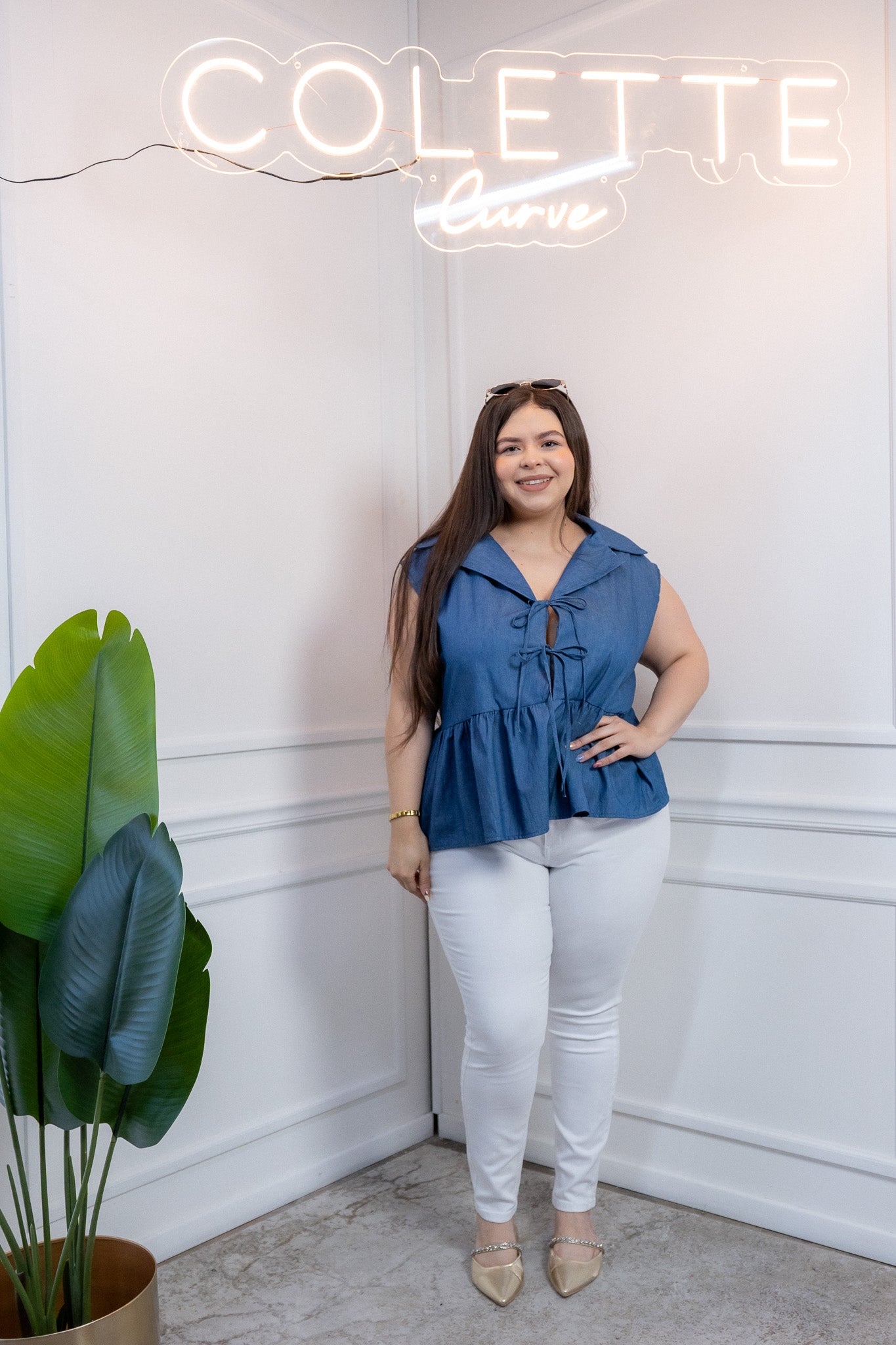 Blusa Curvy Mezclilla Peplum con Nudos Casual Juvenil