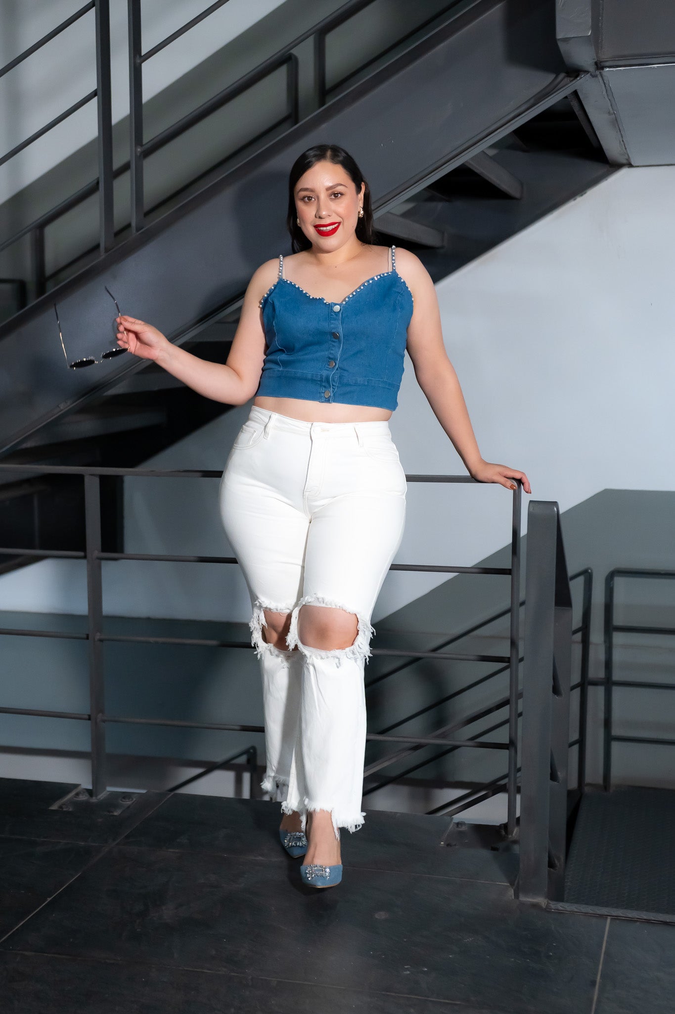 Jeans Crop Rasgado Ivory Plus Size para Mujer