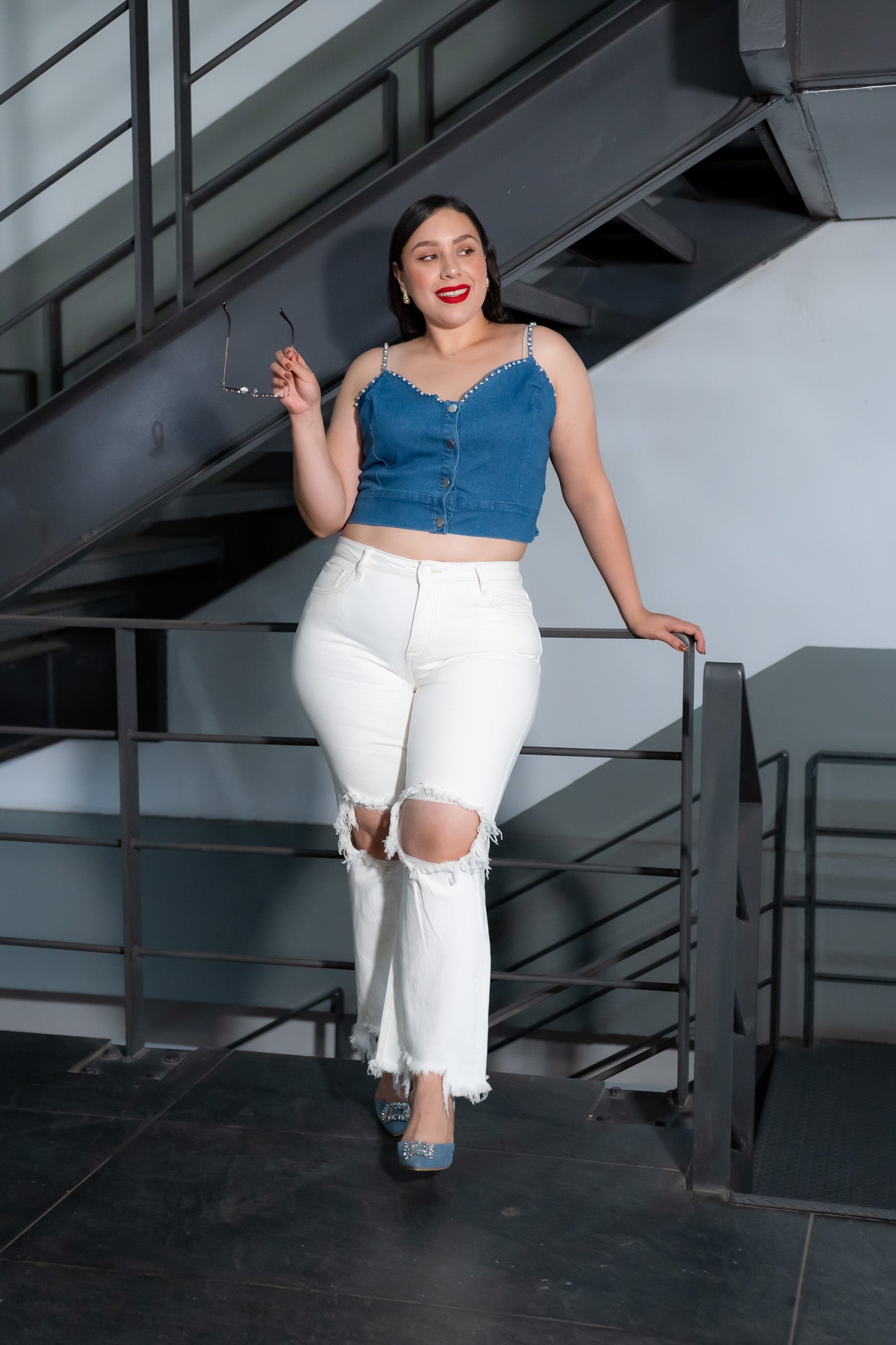 Jeans Crop Rasgado Ivory Plus Size para Mujer