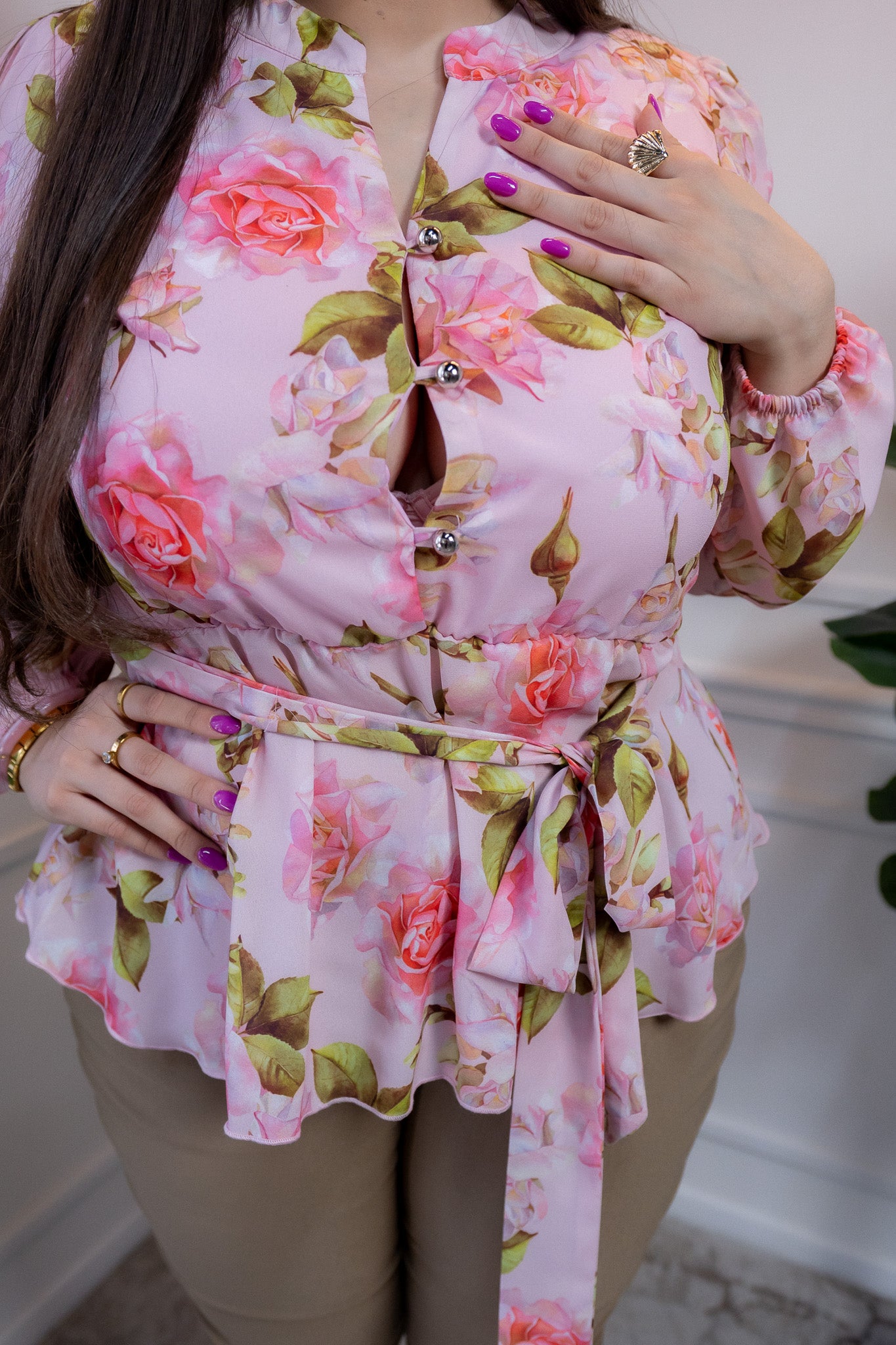 Blusa Curvy Floral Peplum Rosa Manga Larga Define Cintura