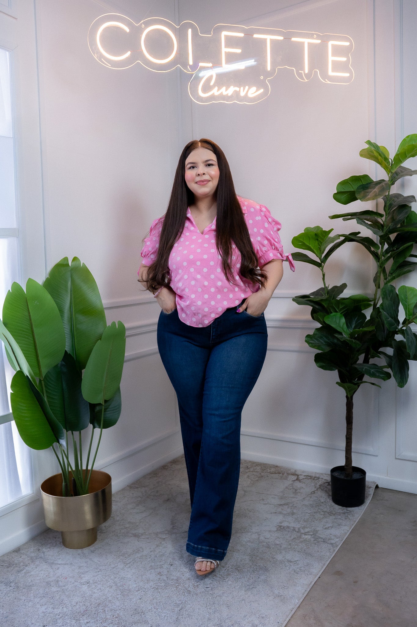 Blusa Curvy Polka Rosa Manga Abullonada con Lazos Femenina