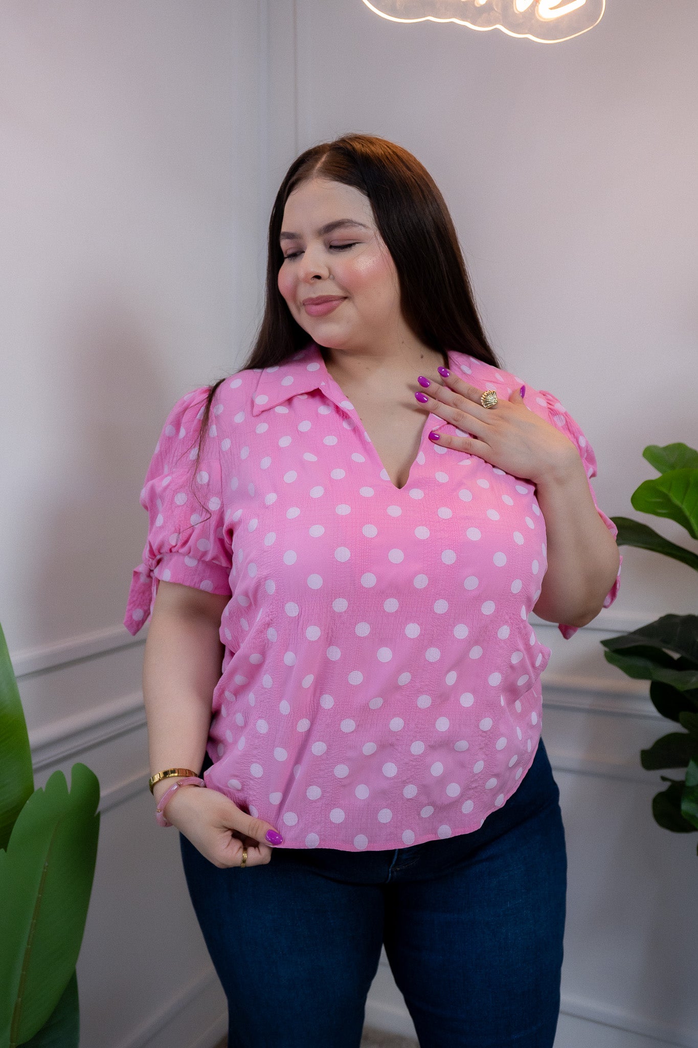 Blusa Curvy Polka Rosa Manga Abullonada con Lazos Femenina