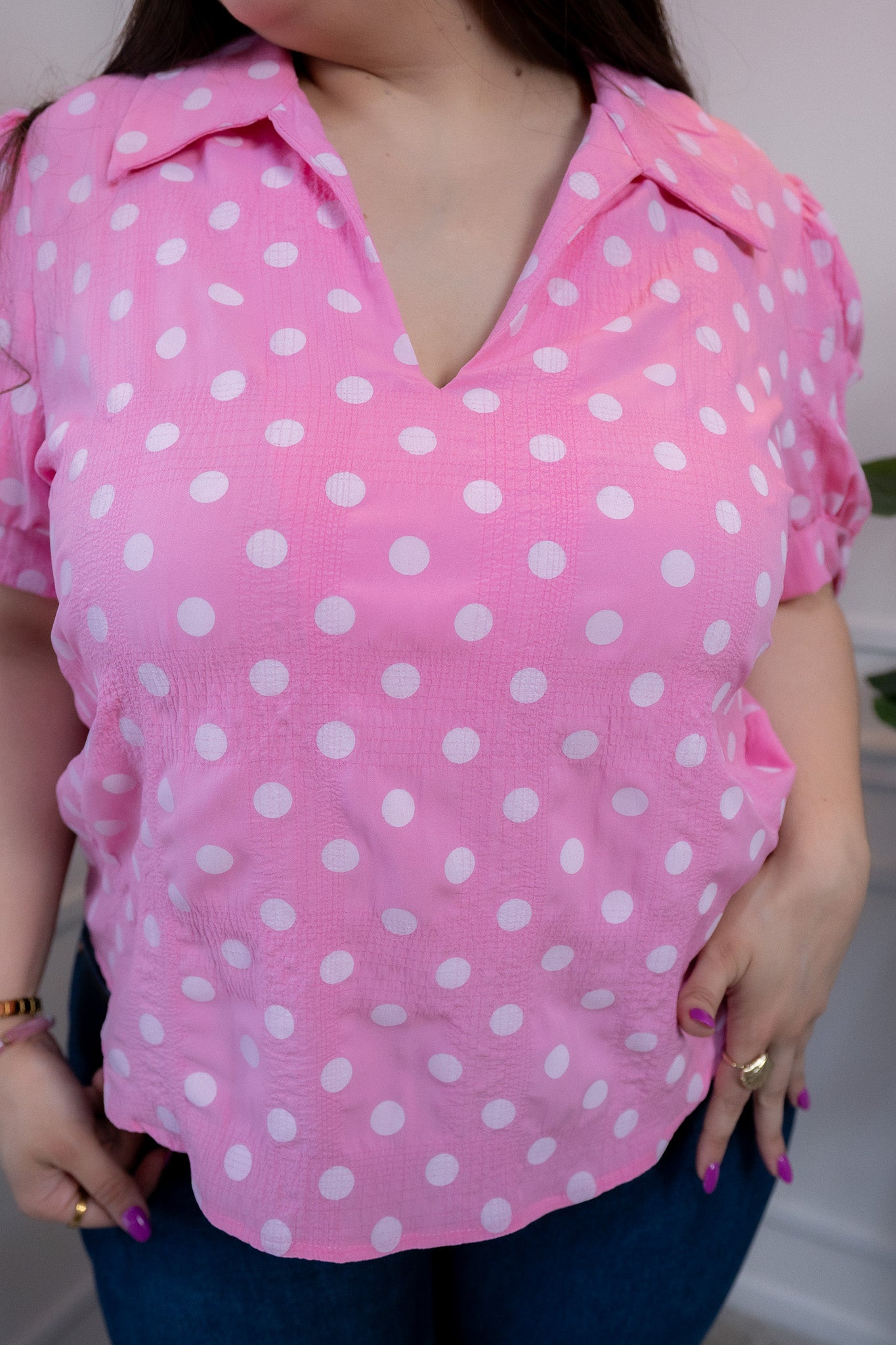 Blusa Curvy Polka Rosa Manga Abullonada con Lazos Femenina
