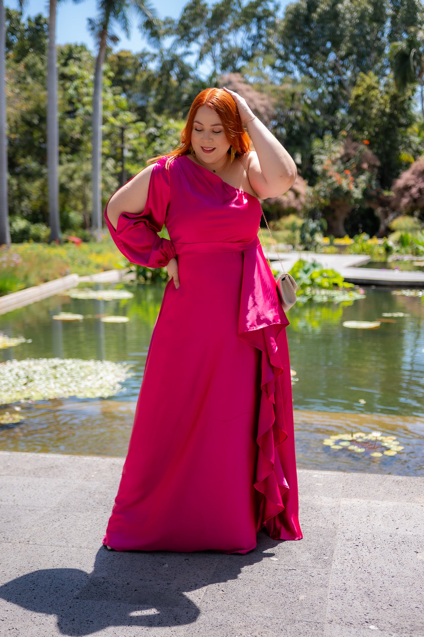 Vestido de Fiesta de Una Manga Fucsia Plus Size para Mujer