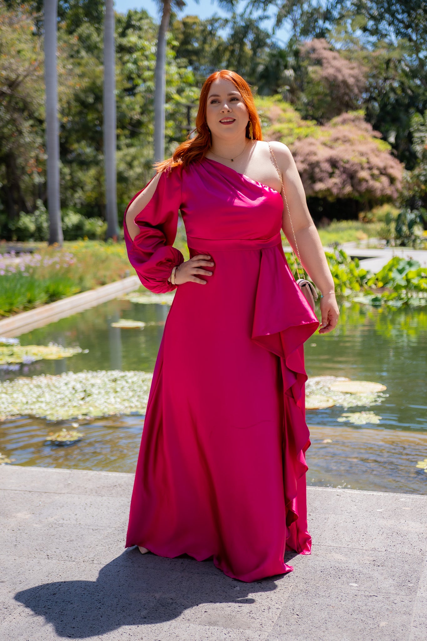 Vestido de Fiesta de Una Manga Fucsia Plus Size para Mujer