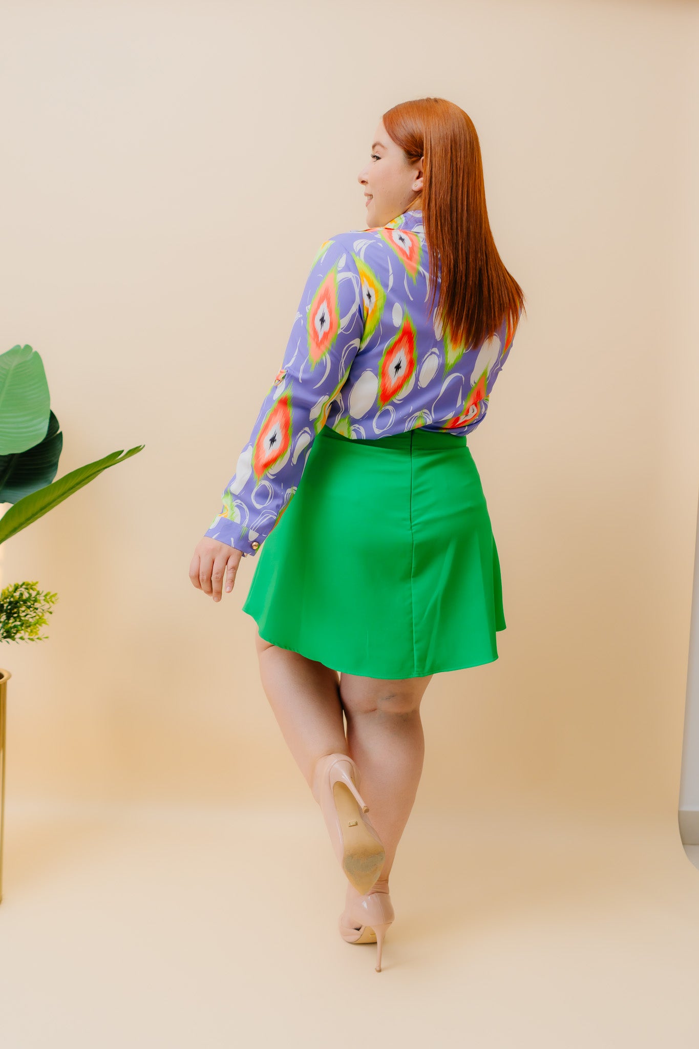 Short Falda Liso Verde Plus Size para Mujer