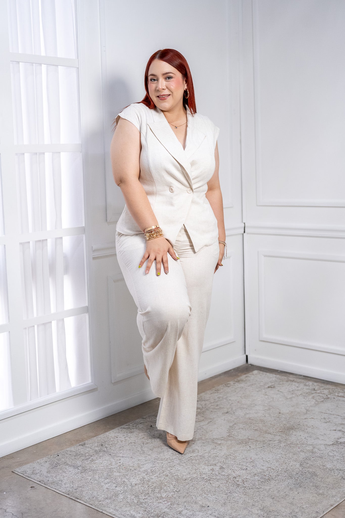 Conjunto Curvy Lino Marfil Chaleco y Palazzo Elegante Verano