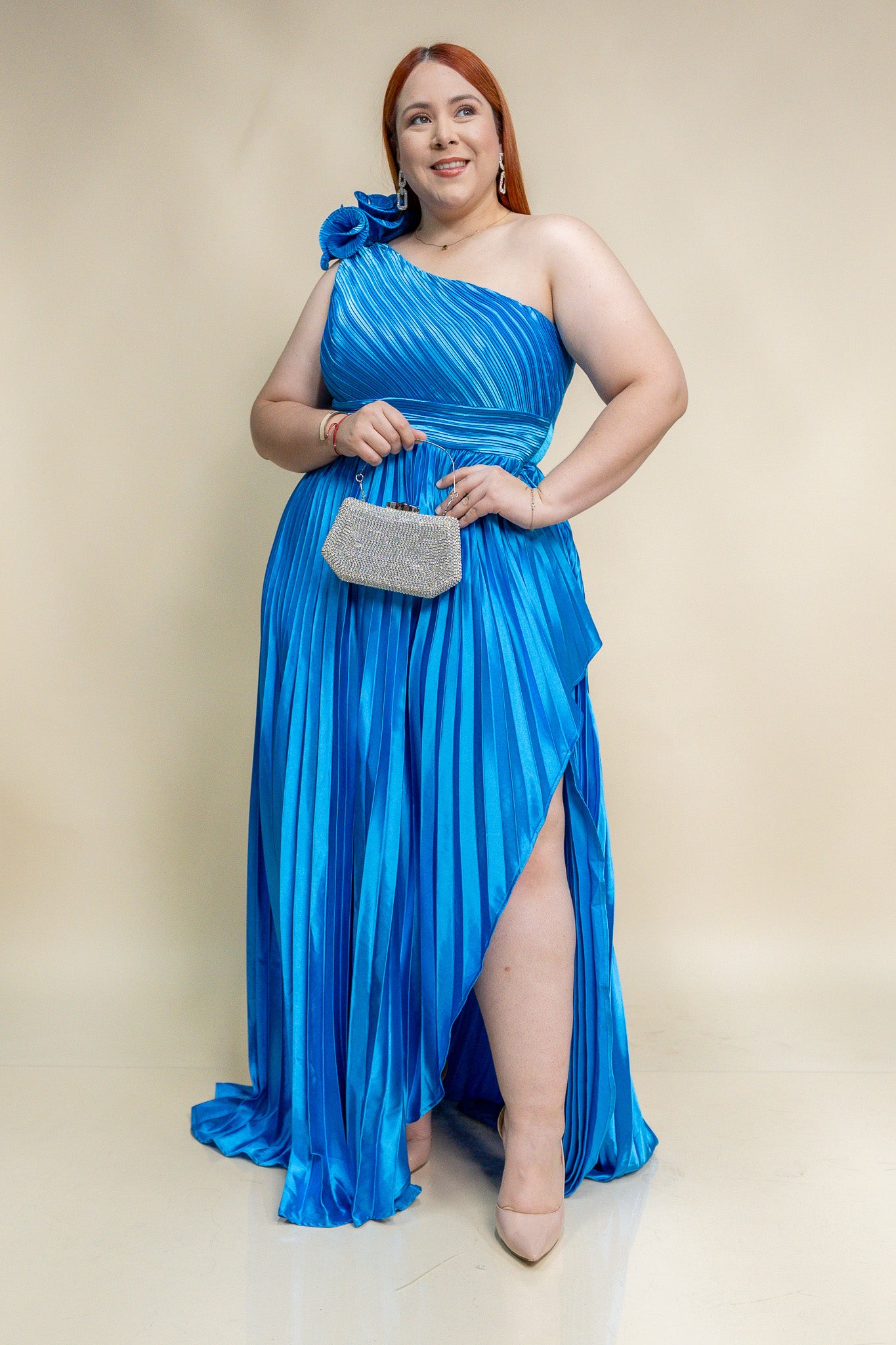 Vestido Plisado Azul Plus Size para Mujer