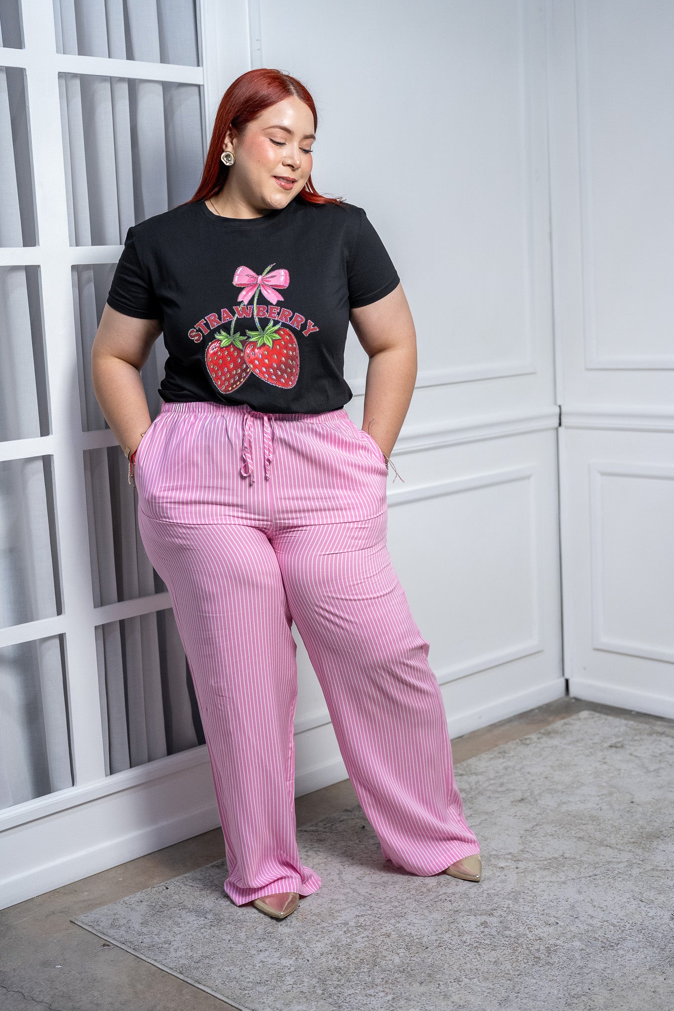 Pantalón Palazzo Curvy Rosa Rayas Verticales Cintura Elástica