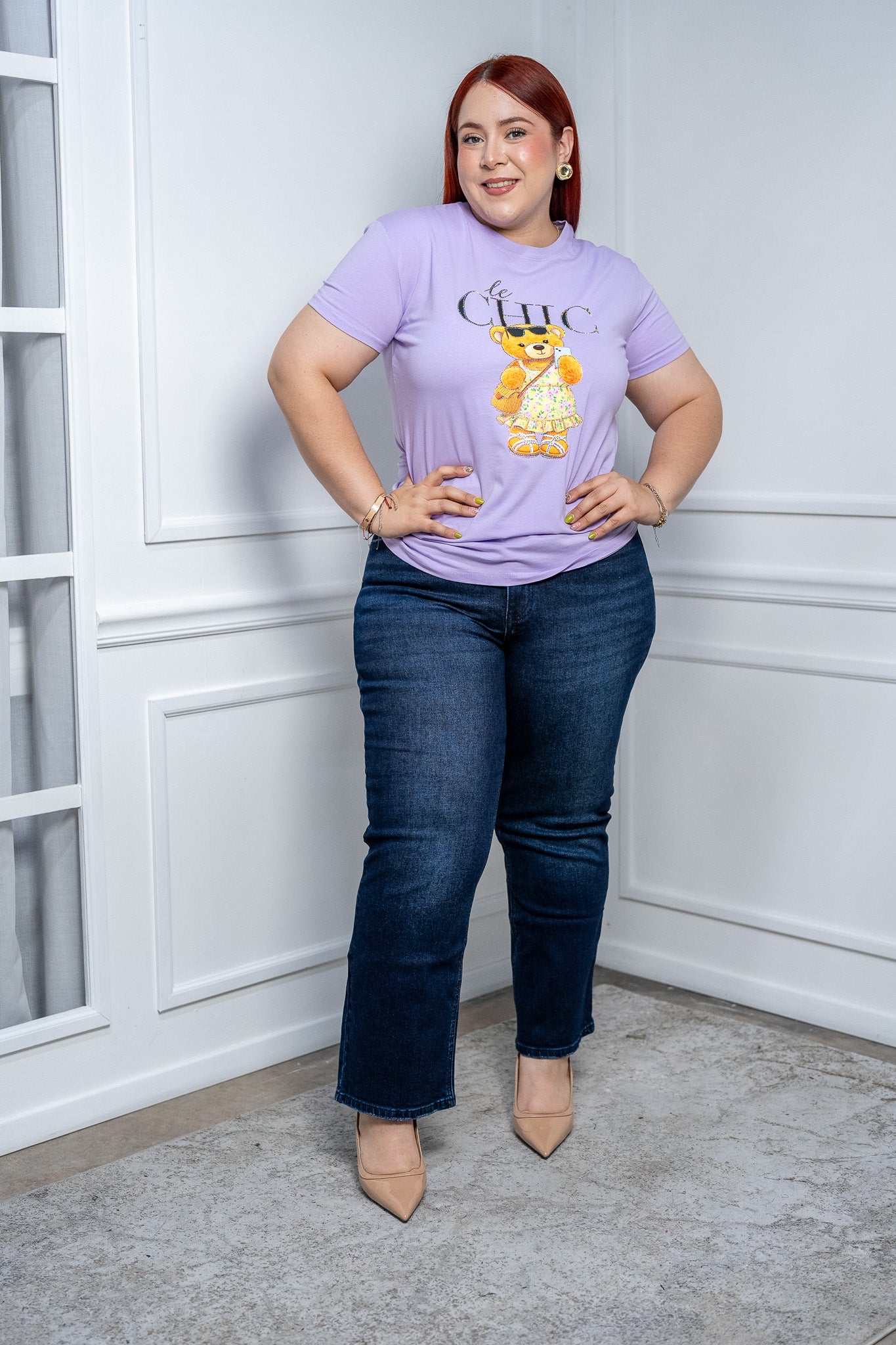 Playera Curvy Lila Le Chic con Osito y Aplicaciones
