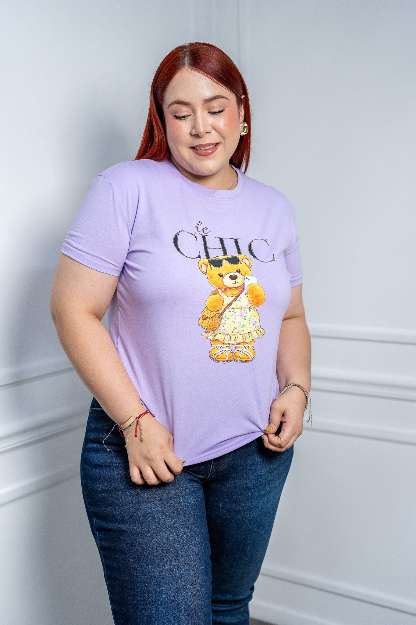 Playera Curvy Lila Le Chic con Osito y Aplicaciones