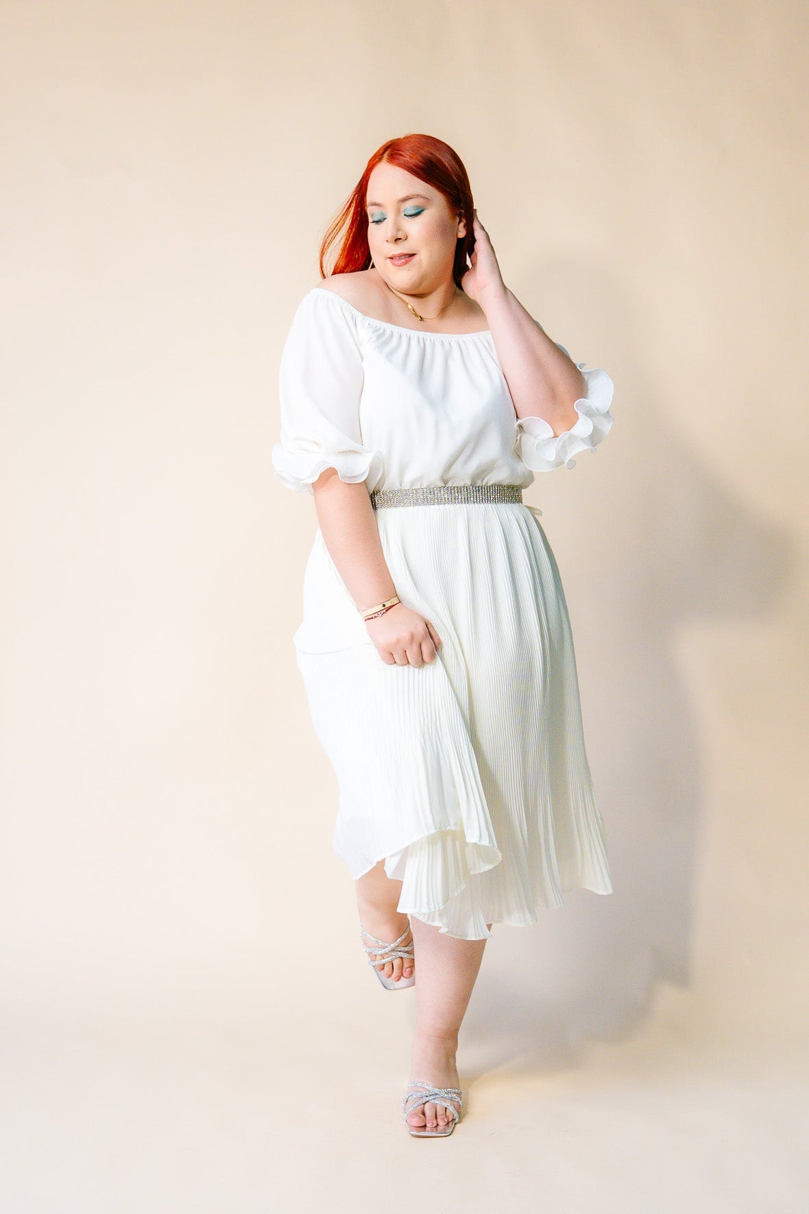 Vestido Plisado Liso Blanco Plus Size para Mujer