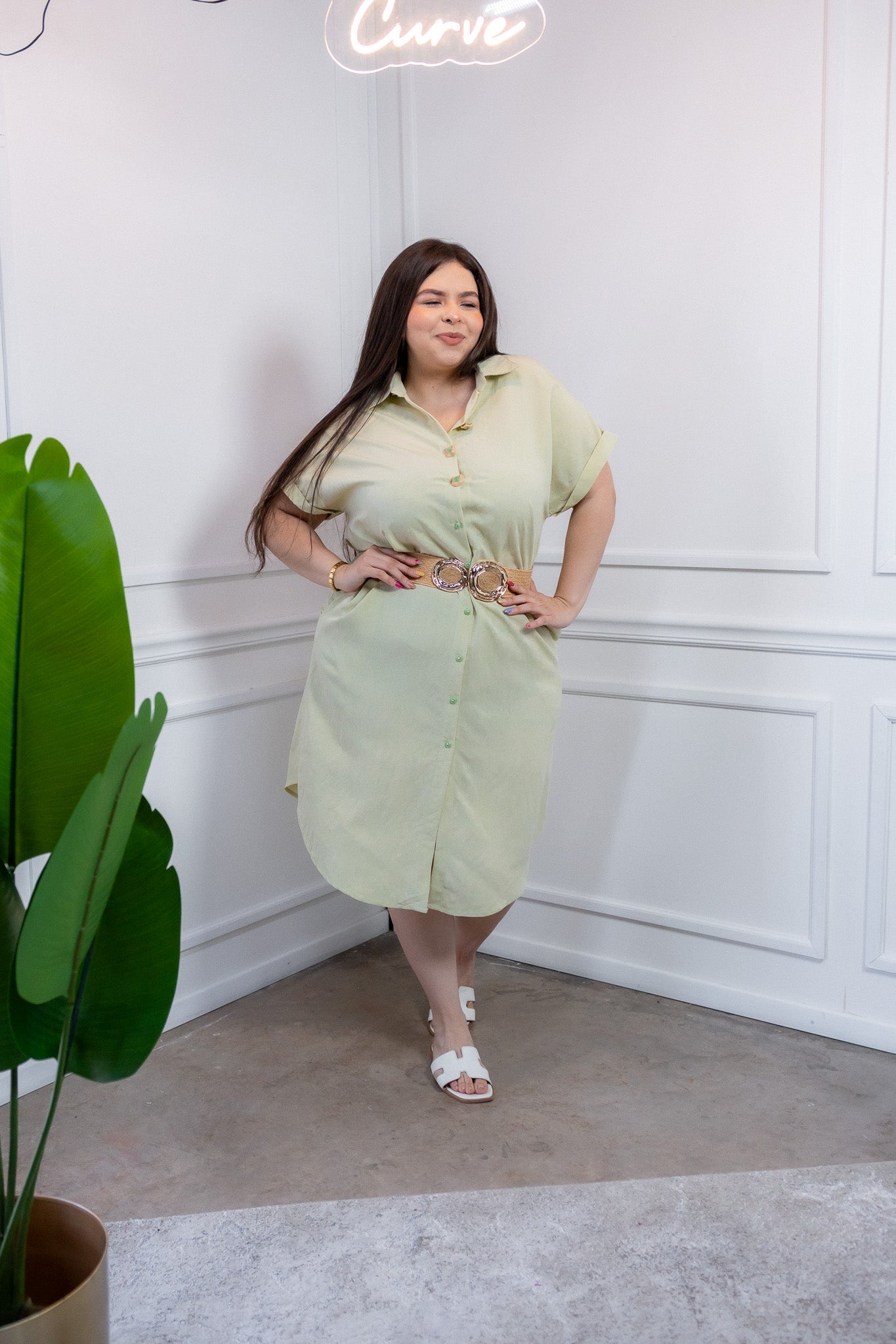 Vestido Curvy Camisero Verde Algodón Fresco Casual Día