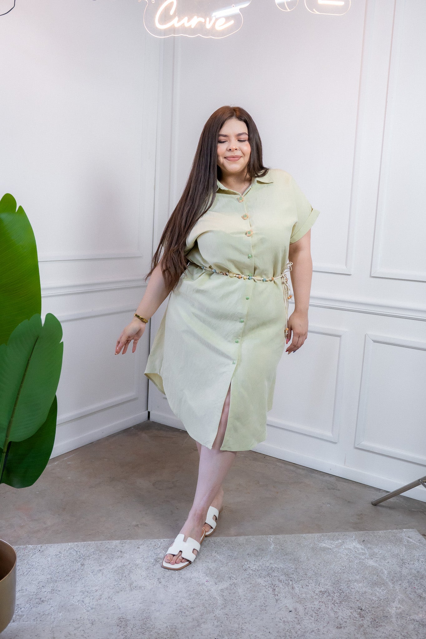 Vestido Curvy Camisero Verde Algodón Fresco Casual Día