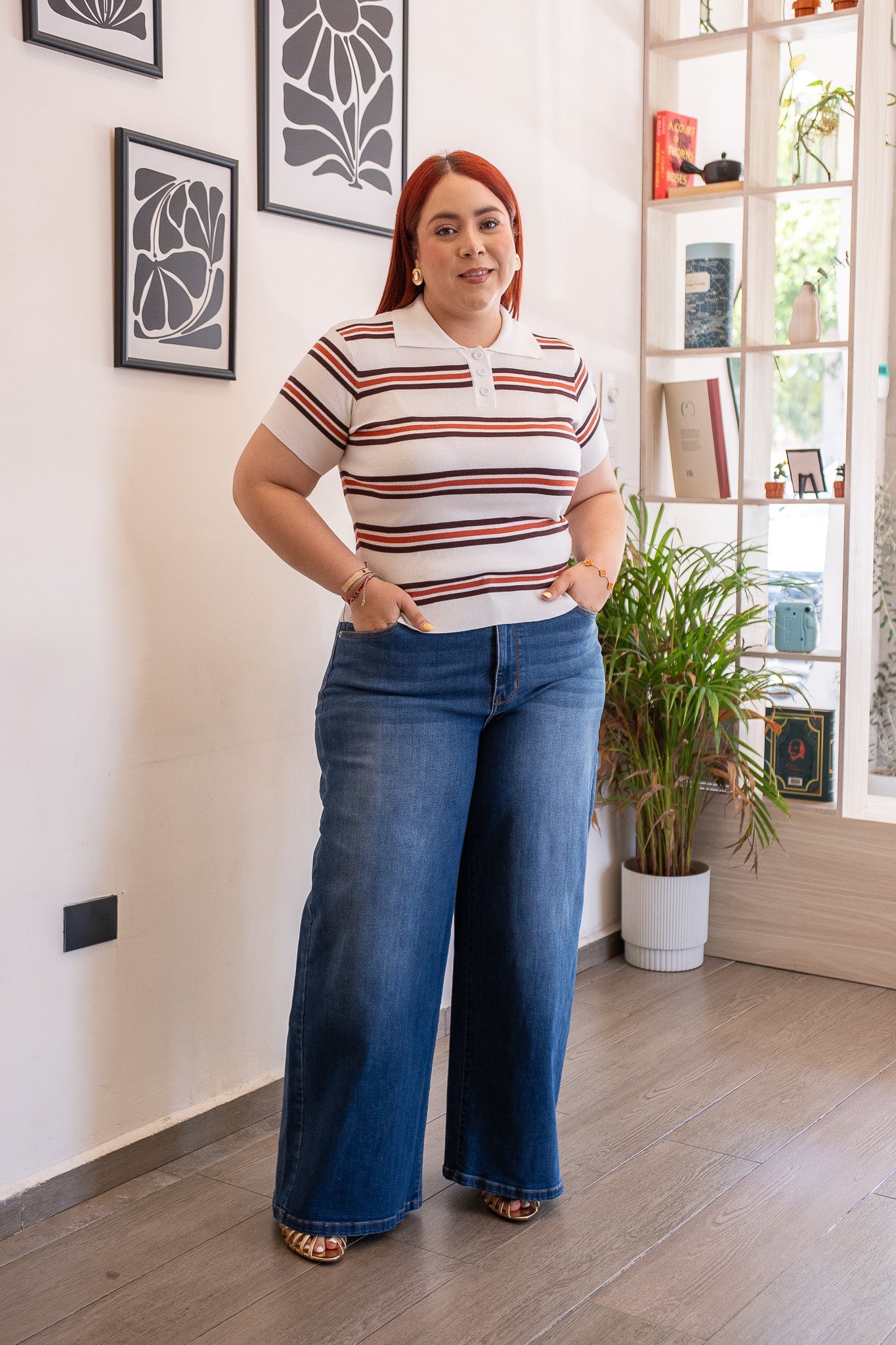 Jeans Curvy Baggy Liso Cintura Alta Wide Leg Azul Oscuro