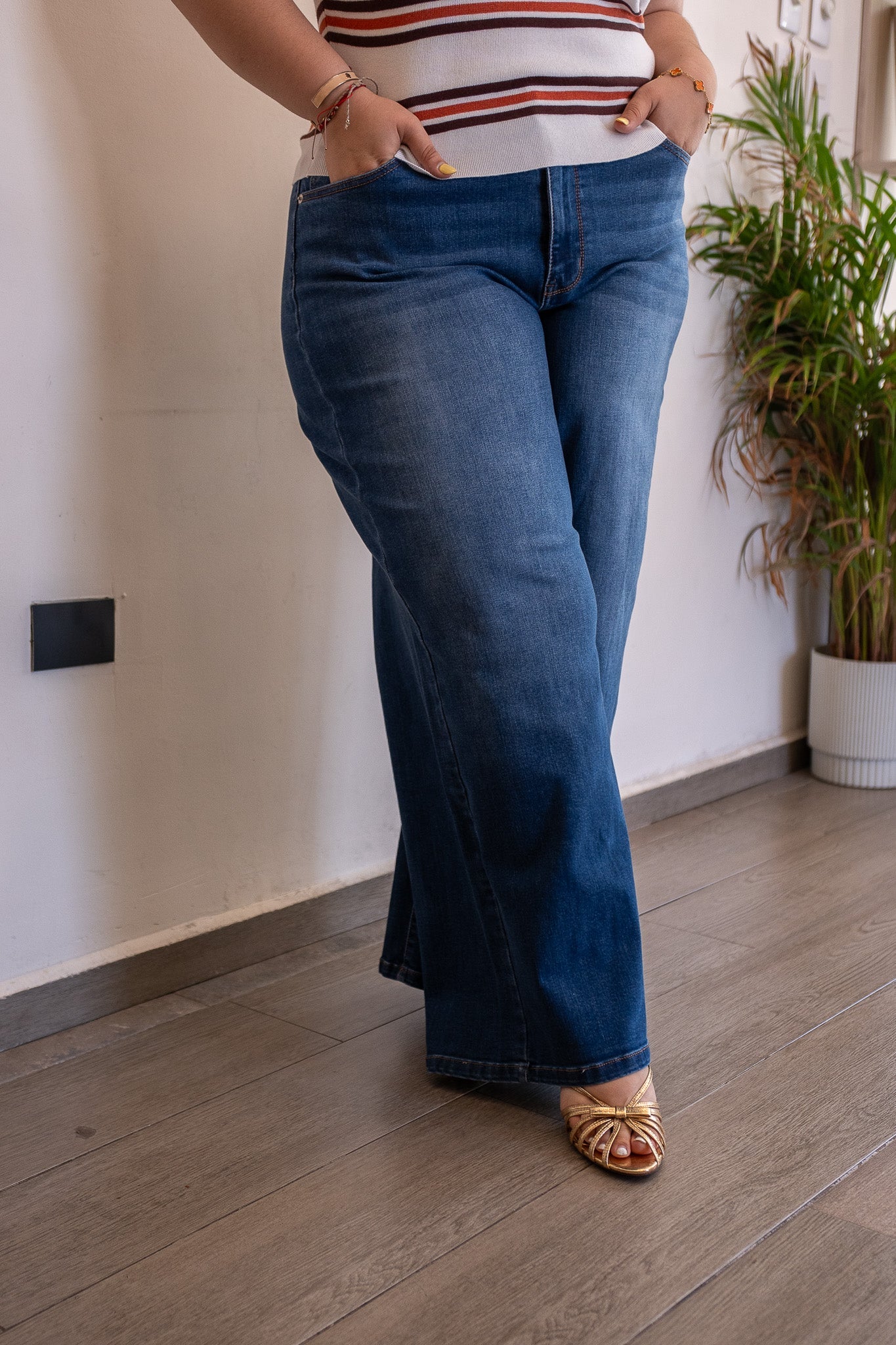 Jeans Curvy Baggy Liso Cintura Alta Wide Leg Azul Oscuro