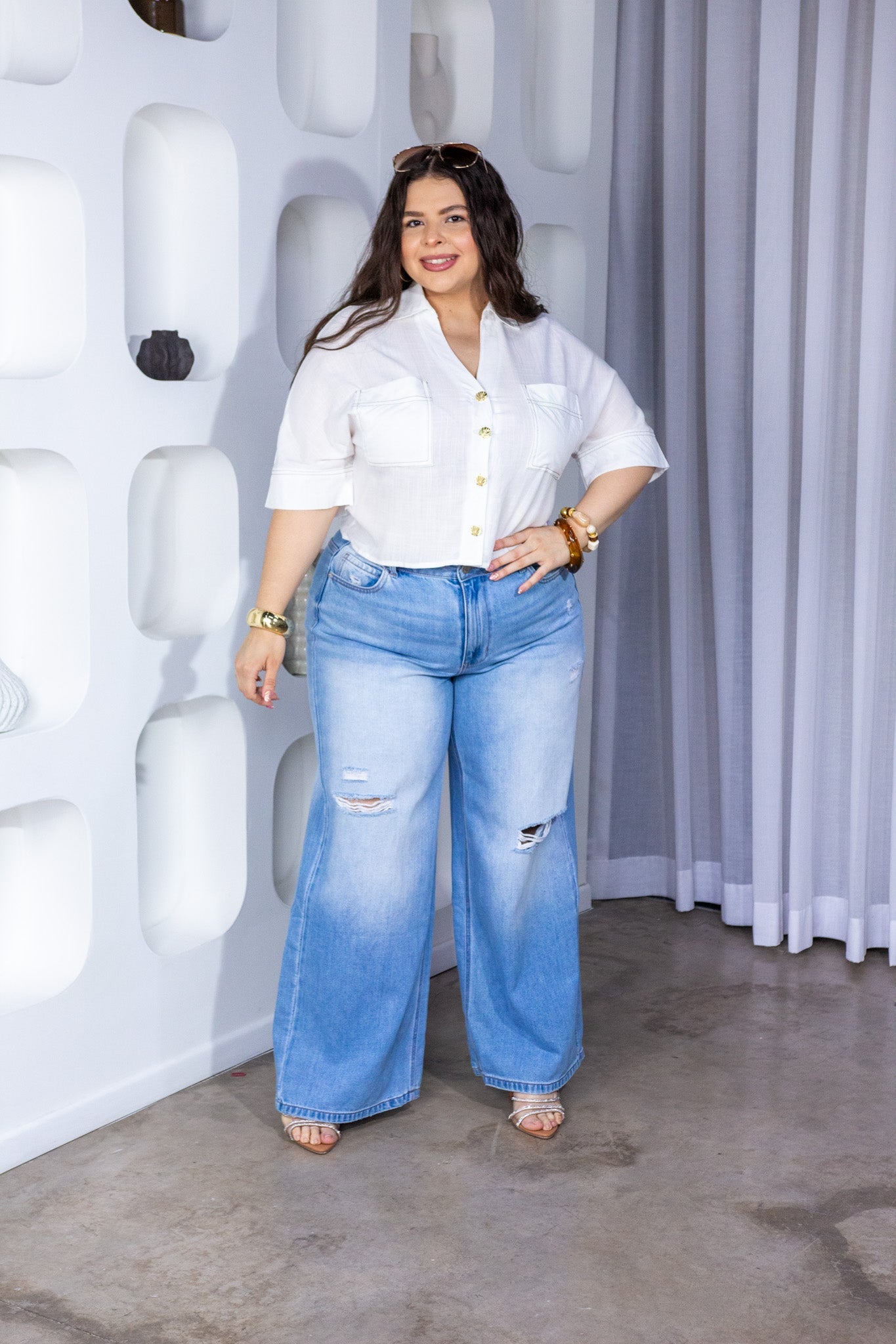 Jeans Curvy Wide Leg Rasgado Cintura Alta Azul Claro