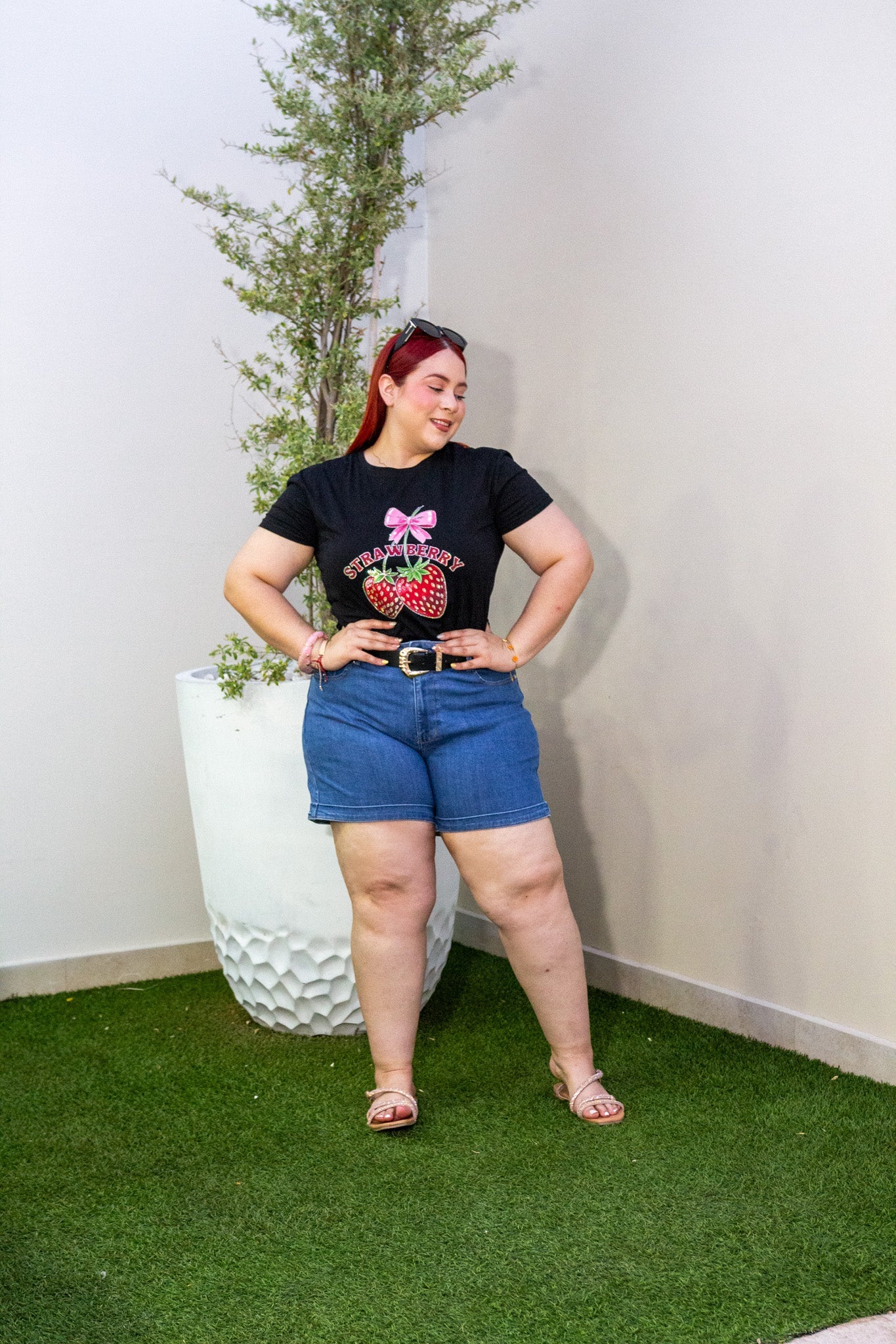 Short Curvy Mezclilla Liso Cintura Alta Azul Medio