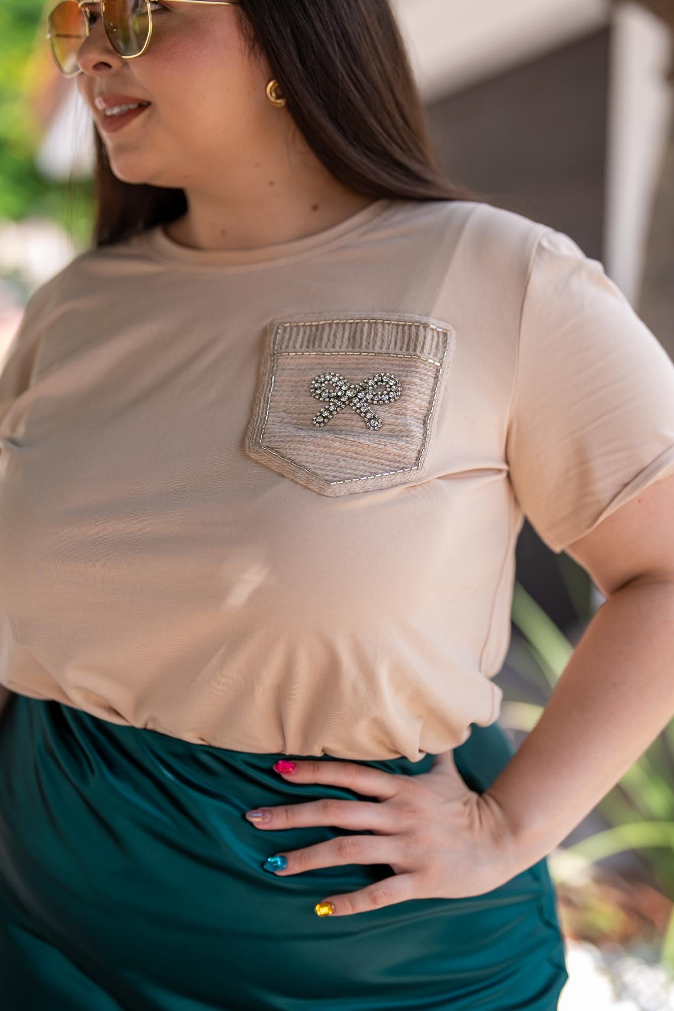 Blusa Cuello Redondo Detalle Moño Curvy Beige Algodón
